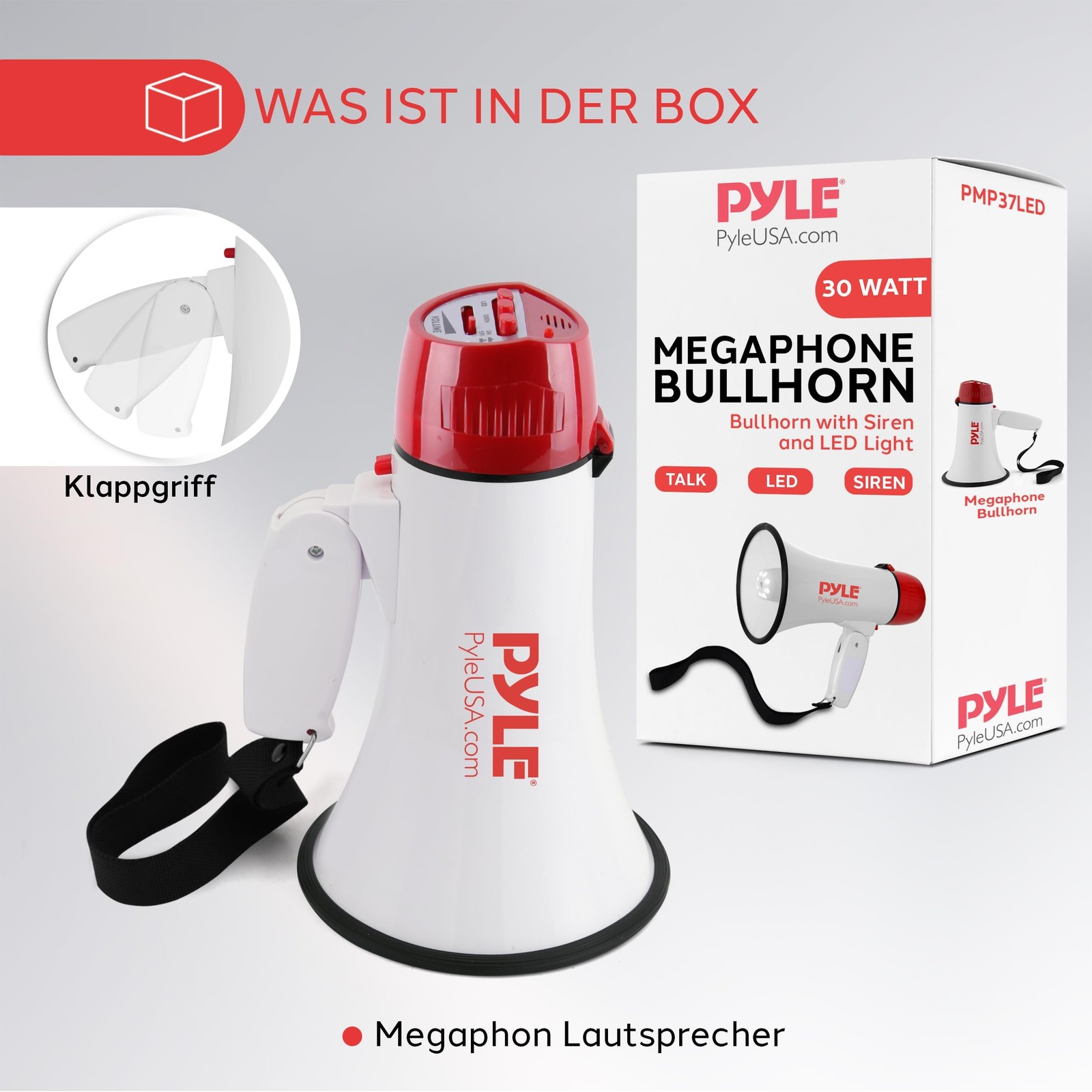 Pyle 30W Megaphone Bullhorn with Built-in Siren, LED Lights, Medium, White