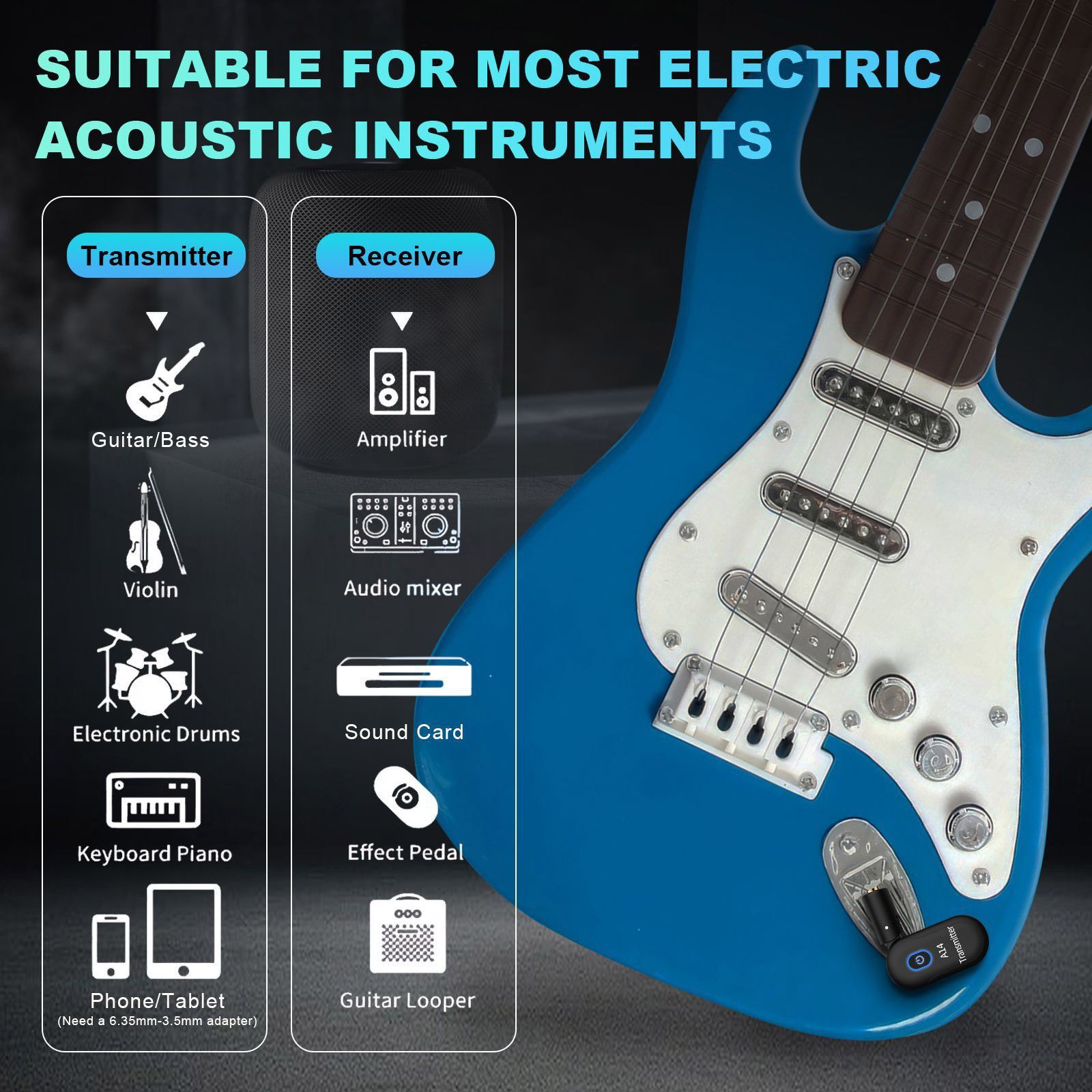 2.4GHz Wireless System for Electric Guitar Bass Violin Receiver Transmitter Set