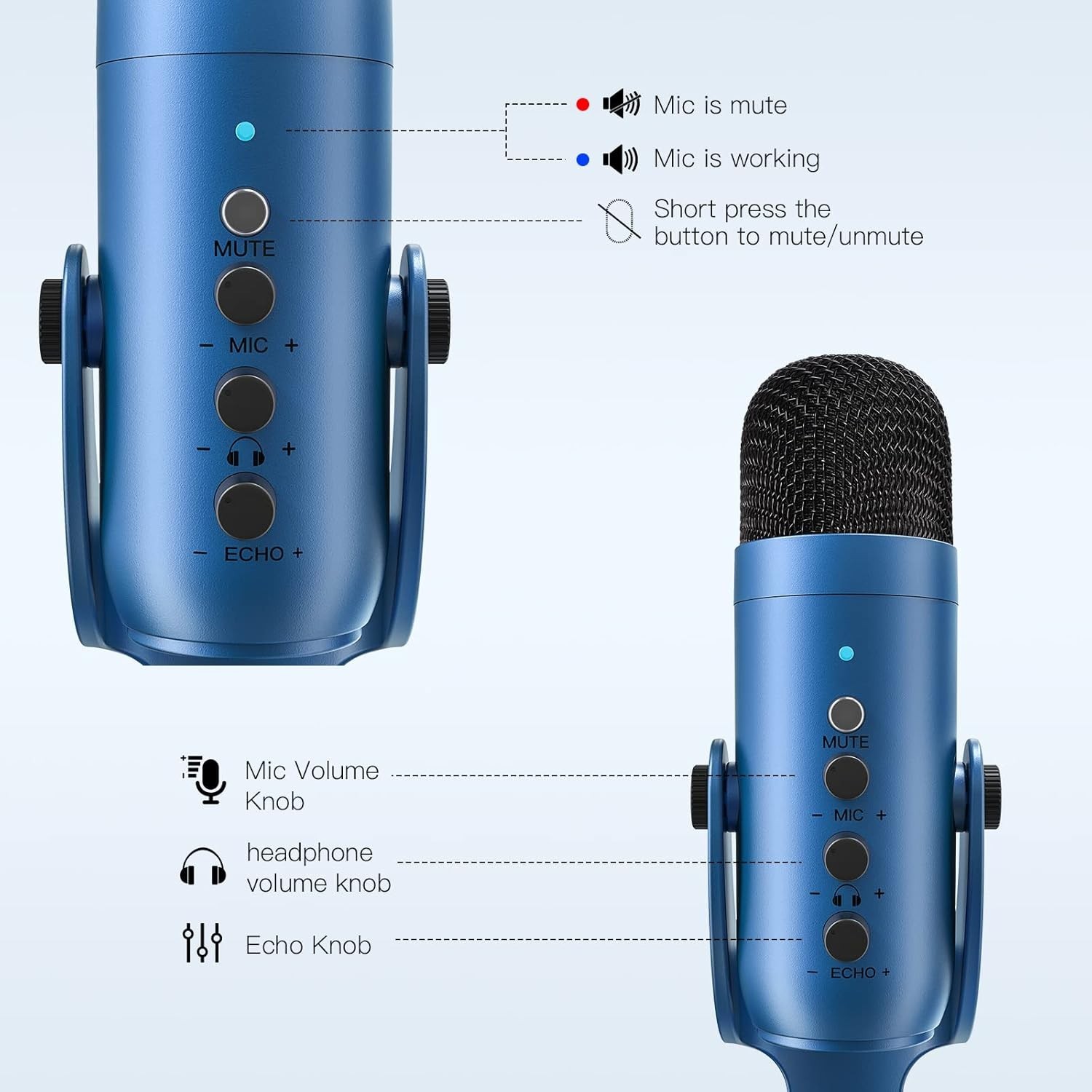 Versatile Blue USB Microphone with Echo Control & Mute Button for Creators