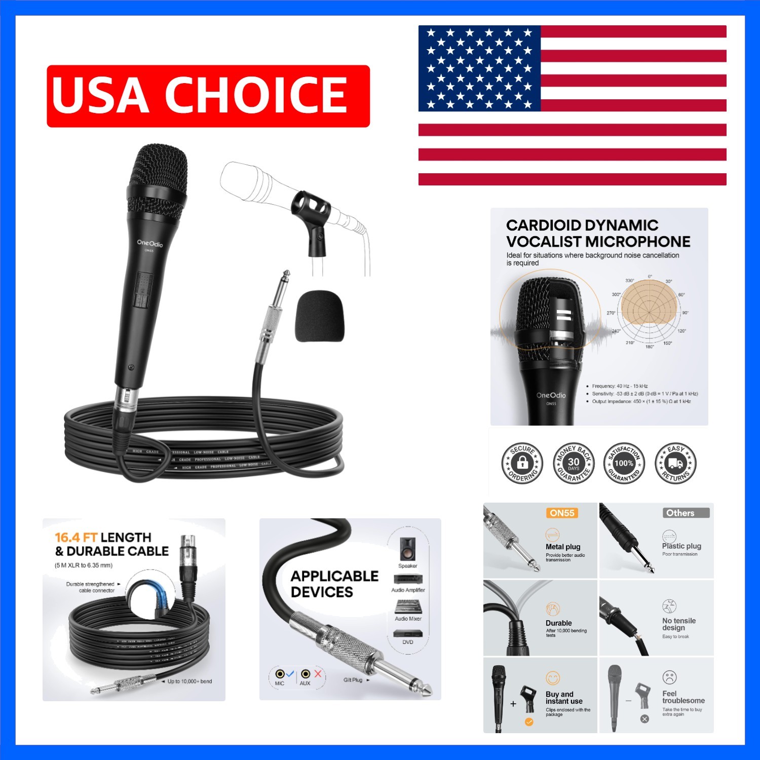 ON55 Wired Microphone for Singing – Mic Clips, Metal Female, ON/Off Switch, 1…