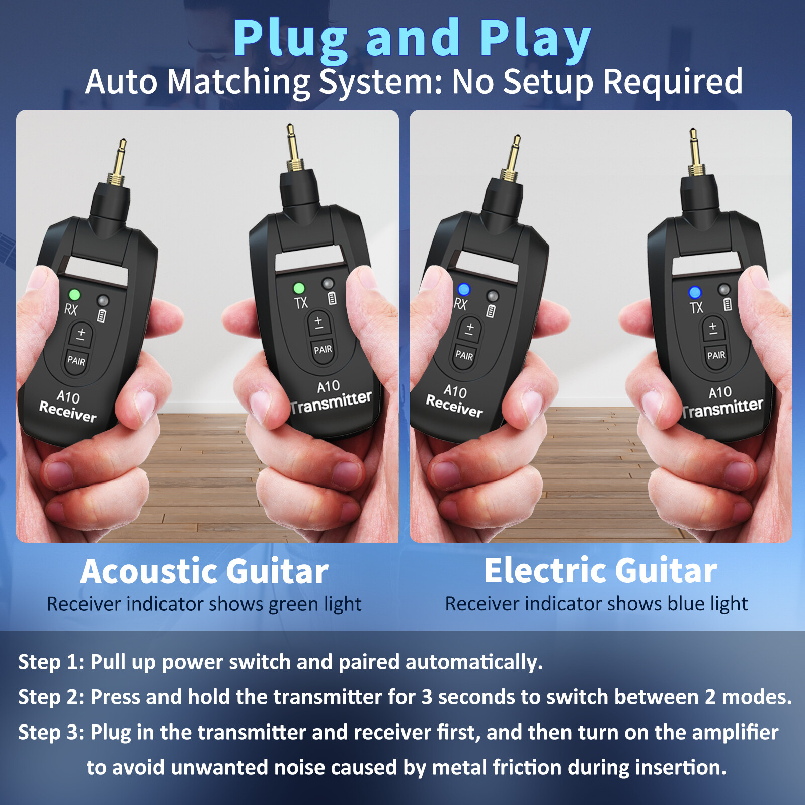2.4GHz Digital Wireless Guitar Transmitter Receiver fit Bass – Gold Plated Plug