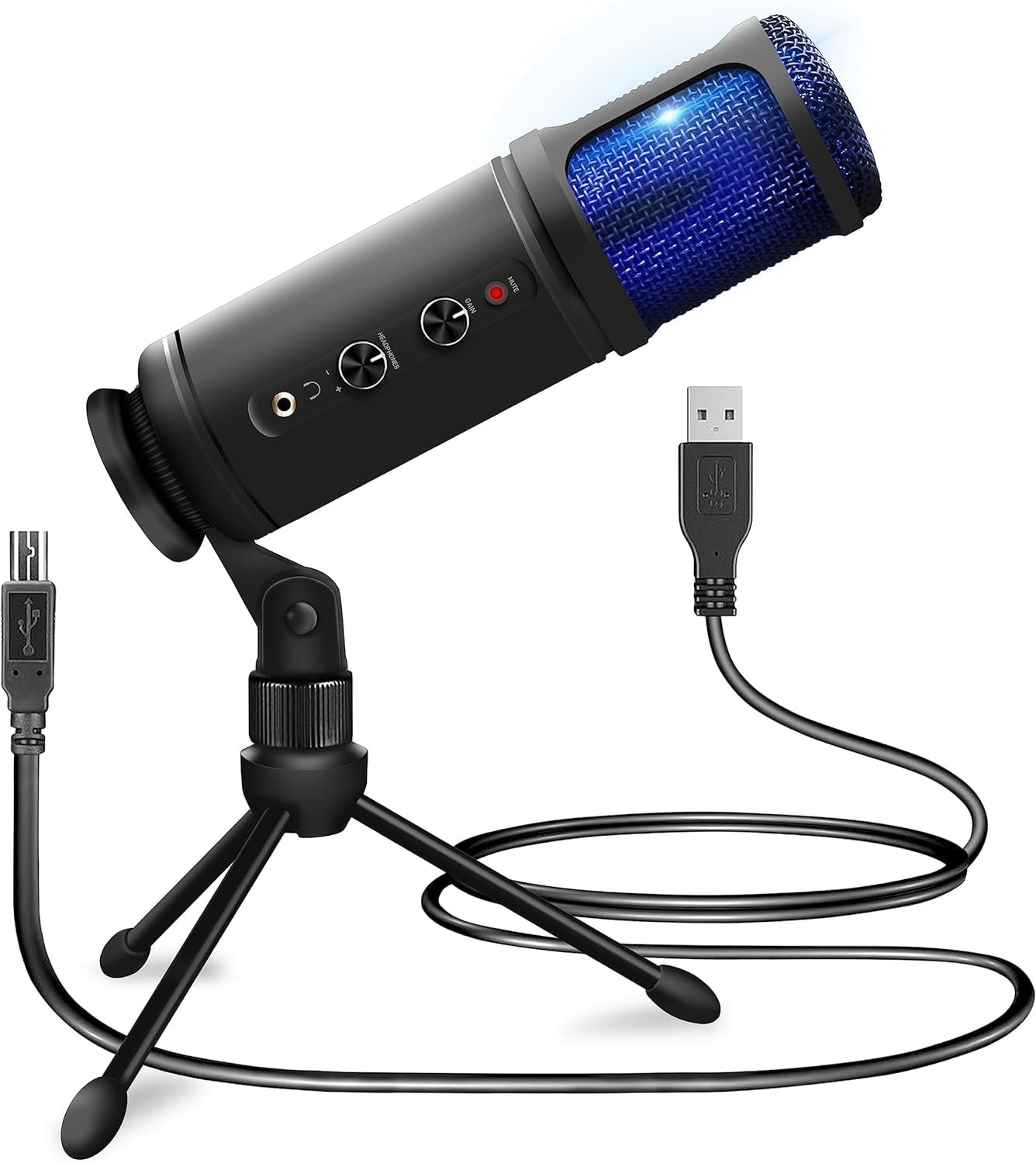 Jovial USB PC Recording Condenser Microphone – Blue LED, Adjustable Gain, Headph