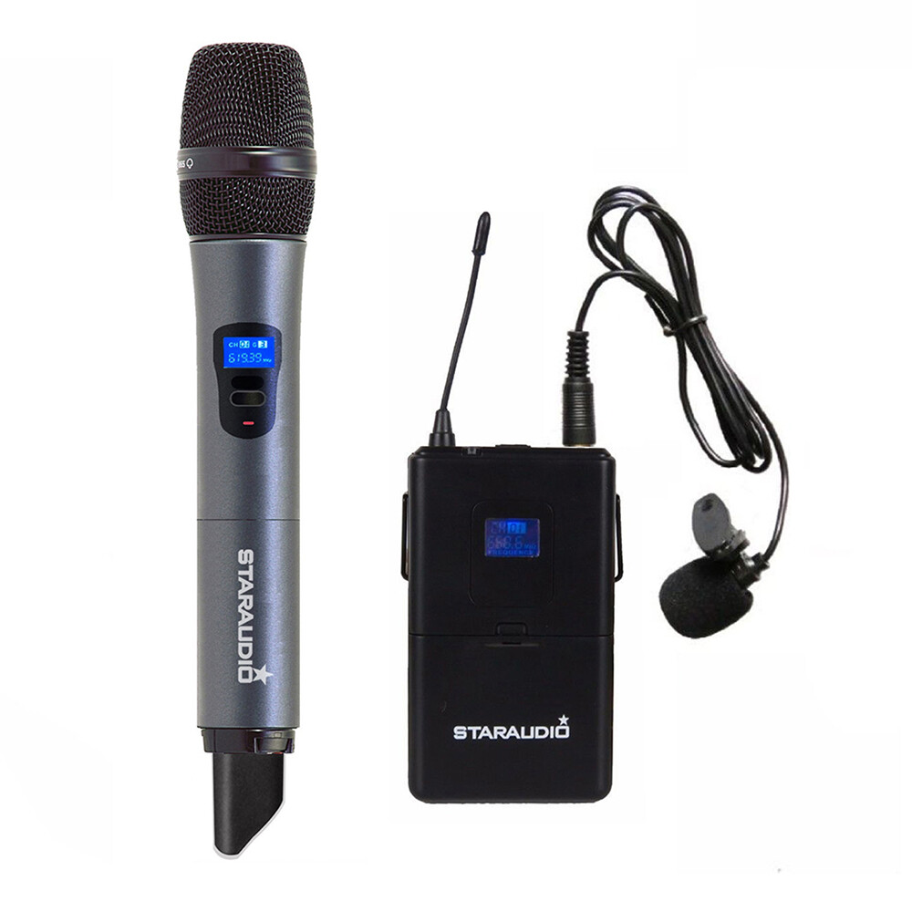 Pro 2CH UHF Wireless Microphone System Handheld Headset Lapel Audio Microphones