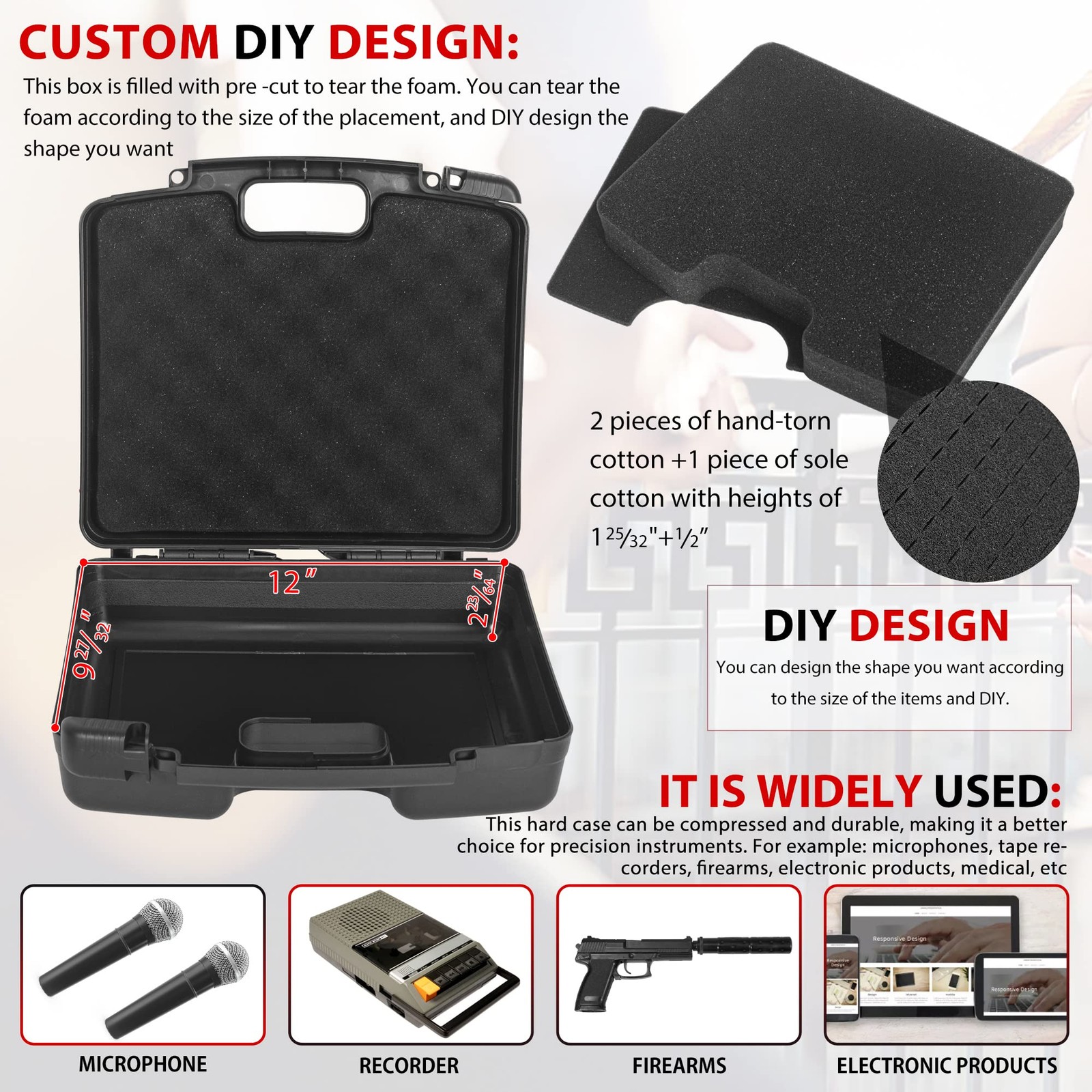 Portable Hard Case 12.2×9.85×3.77 Inch Customizable Diced Foam Tools