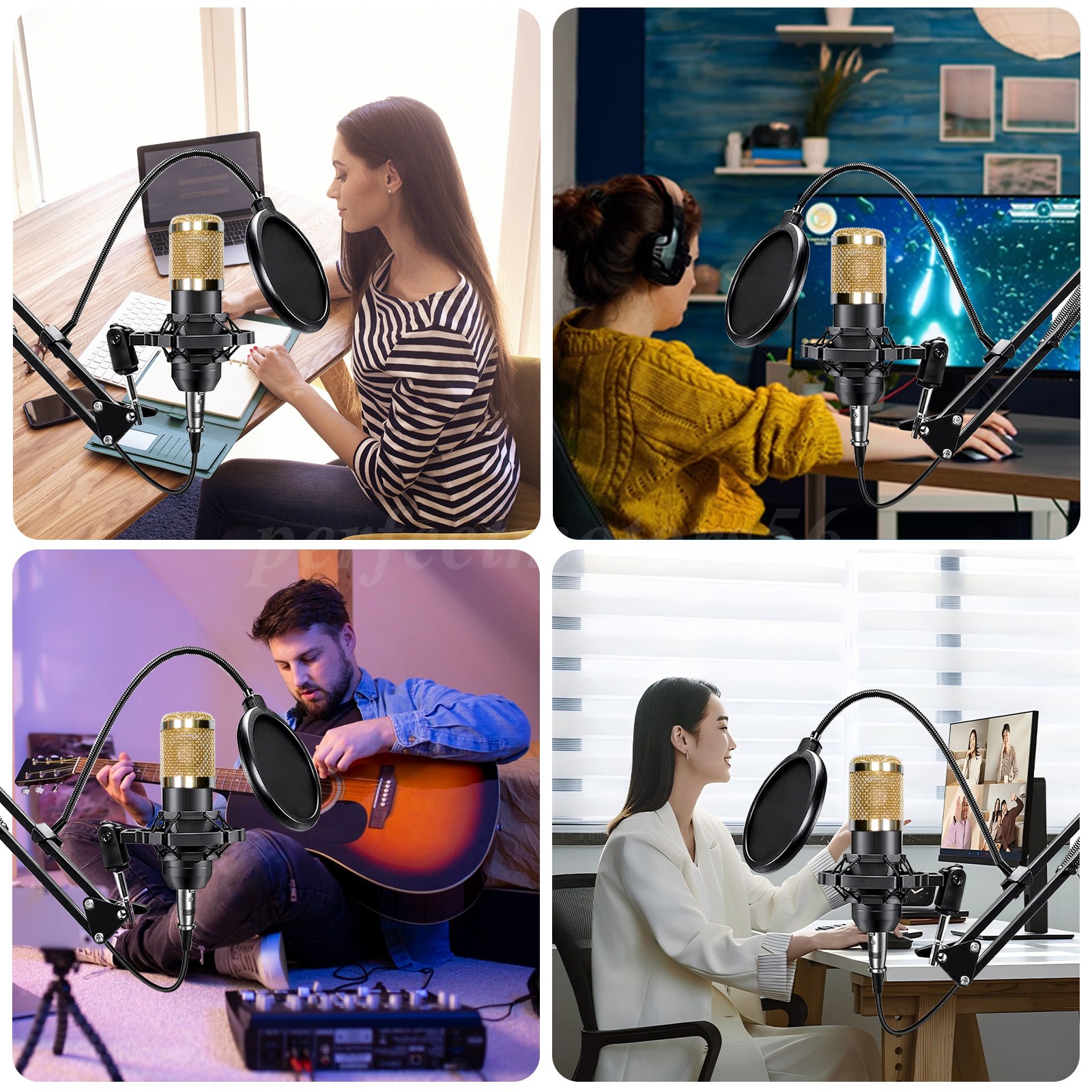 2 Condenser Microphone Podcast Equipment Bundle Studio Recording Kit Music Mixer