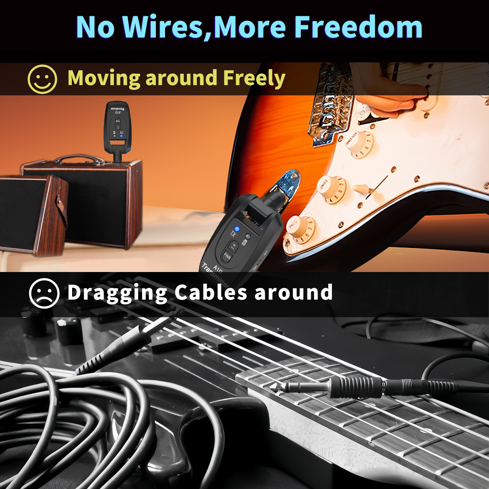 2.4GHz Digital Wireless Guitar Transmitter Receiver fit Bass – Gold Plated Plug