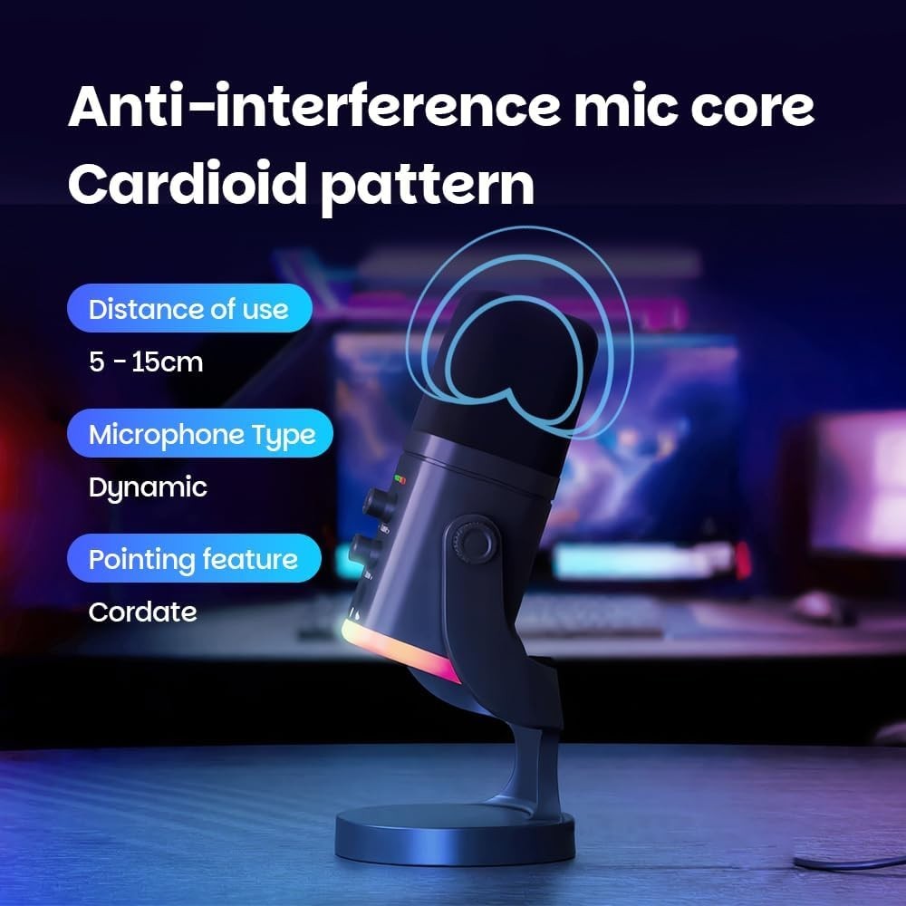 USB/XLR Desktop Dynamic Microphone with RGB Light, Noise Reduction & Mute Button