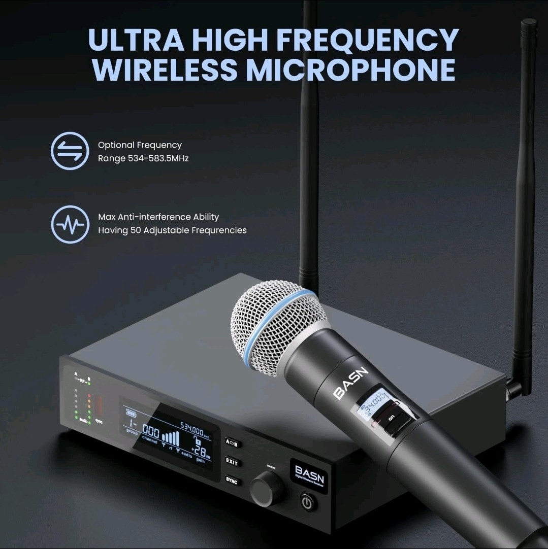 BASN UHF Dual Channel Wireless Microphone System,Handheld Mics for Stage,Karaoke