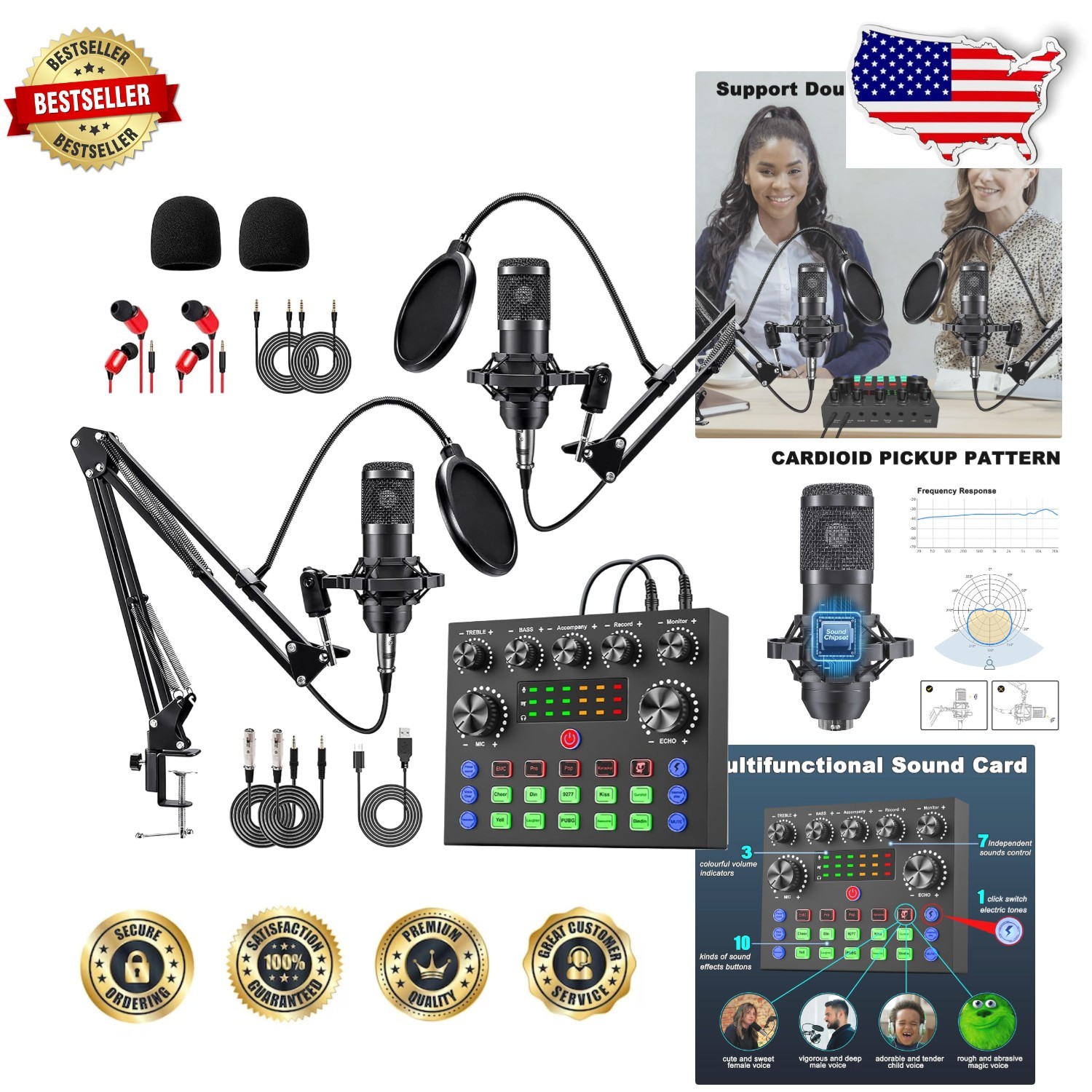 Pro 2-Person Podcast Mic Bundle: V8S Sound Card, Voice Changer, Studio Condenser