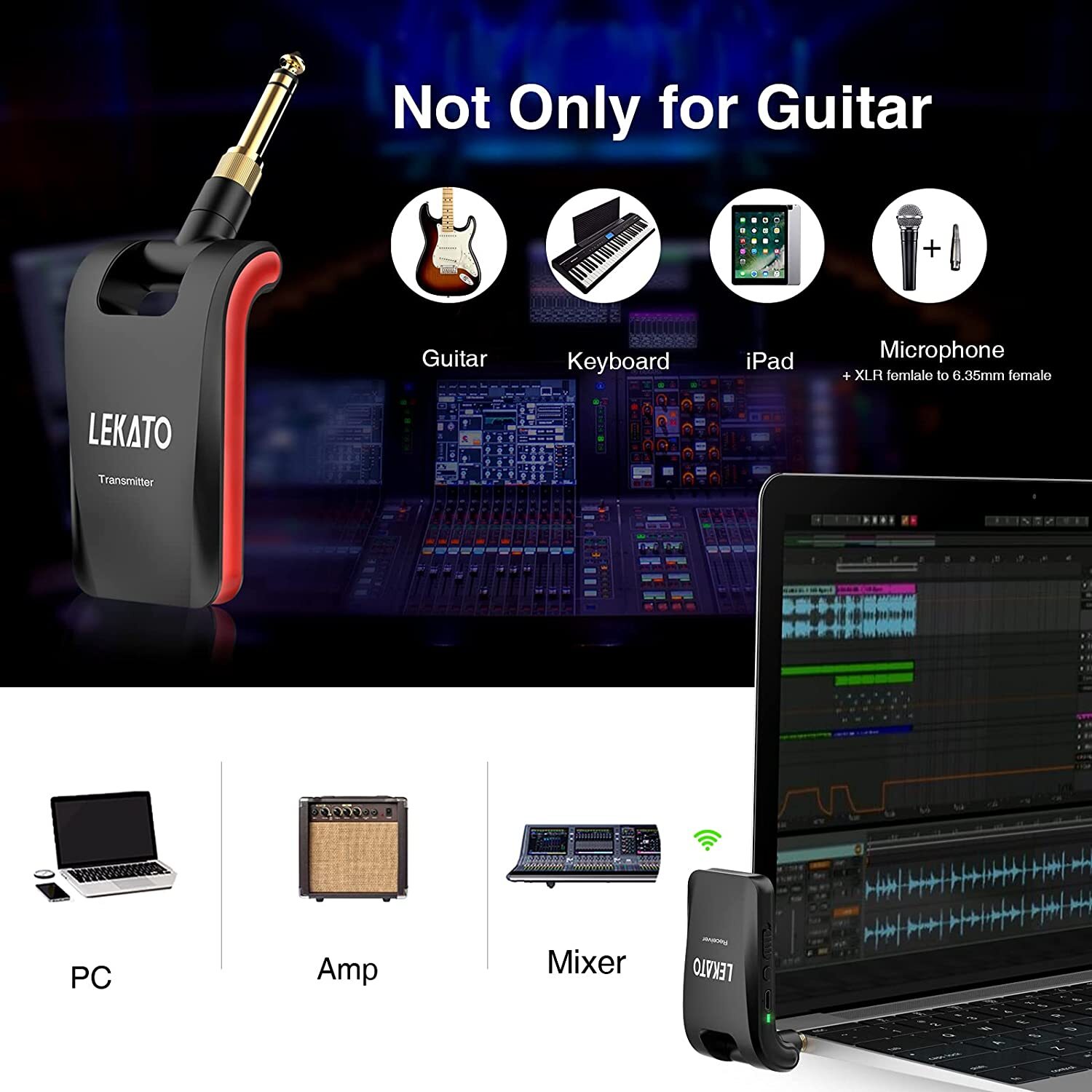 LEKATO Wireless Stereo Transmitter Receiver 6 Channels for Music Instrument