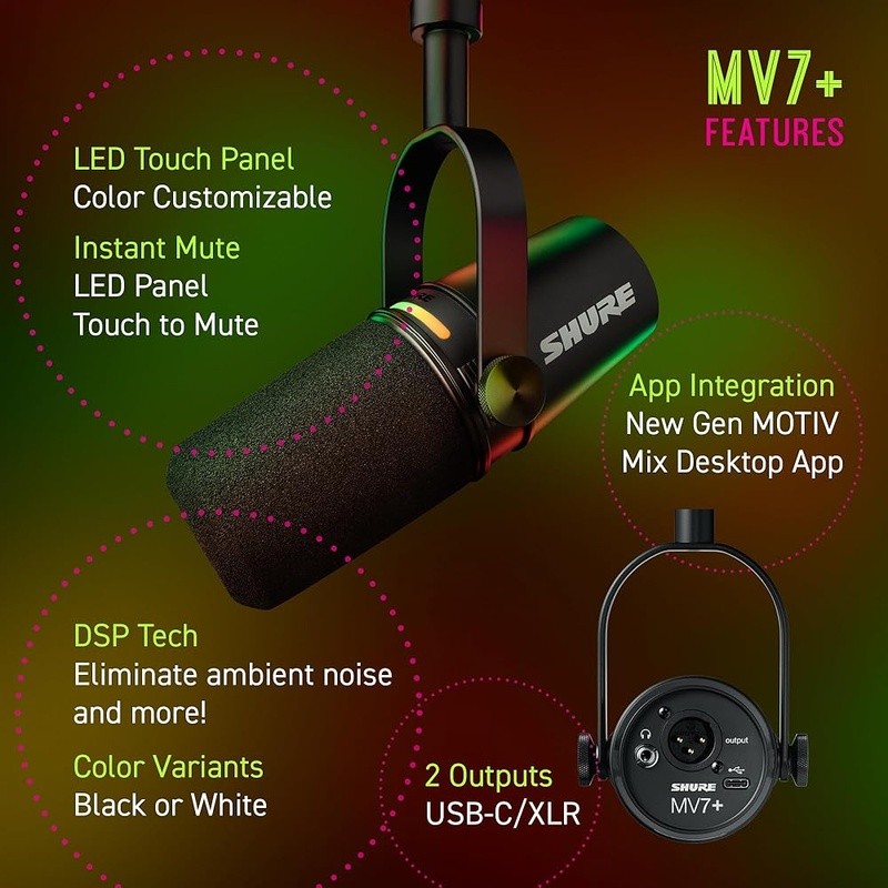 Podcast Microphone USB-C LED Touch Panel Auto Level Denoiser Reverb Effects