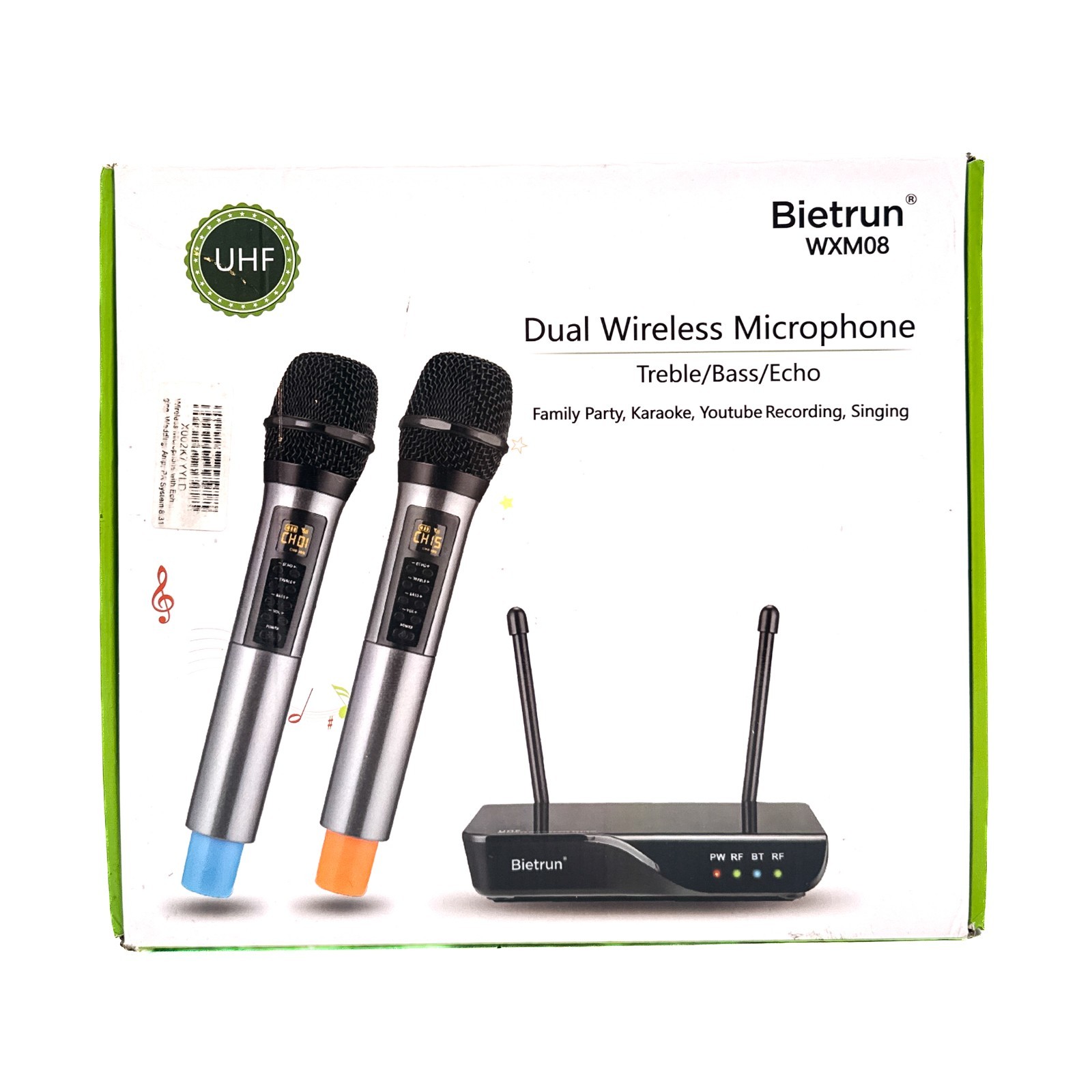 Bietrun WXM08 Dual Wireless Microphone System UHF Karaoke Handheld Mics Echo
