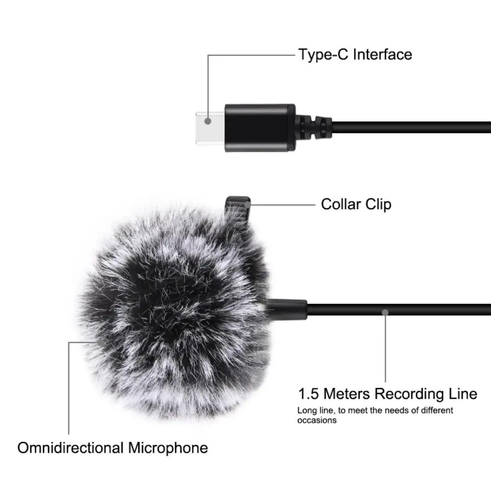 1.5m 3.5mm / Type C Jack Lavalier Wired Condenser Recording Microphone for mobil
