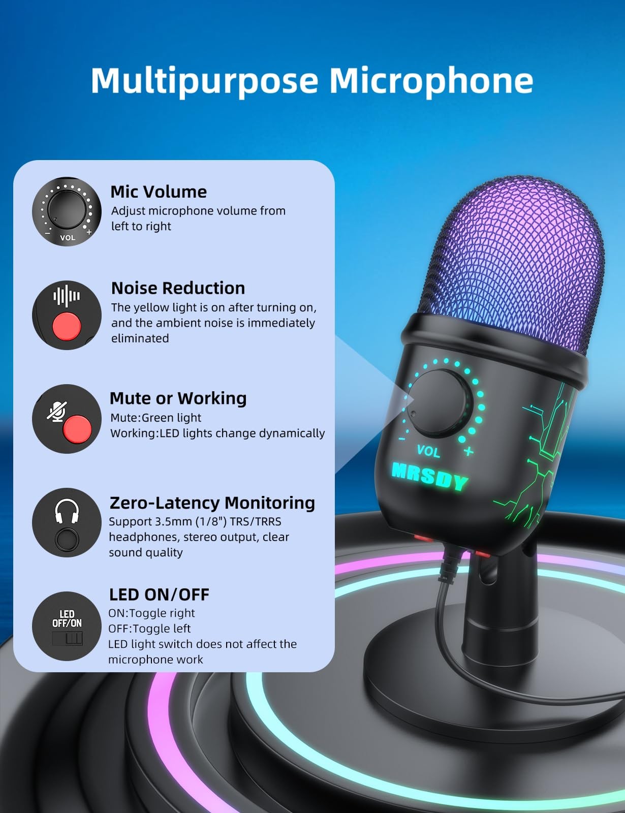 Gaming Microphone, USB Computer Microphone for PC, 3.54×3.54×6.3inch, Black
