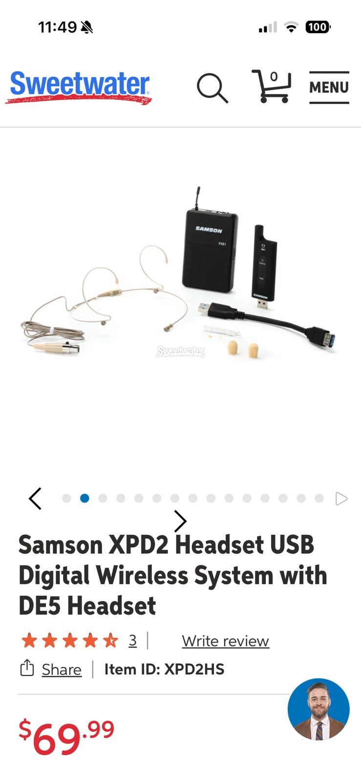Samson XPD2 DE5 Wireless USB Headset System, Bodypack Transmitter, Black