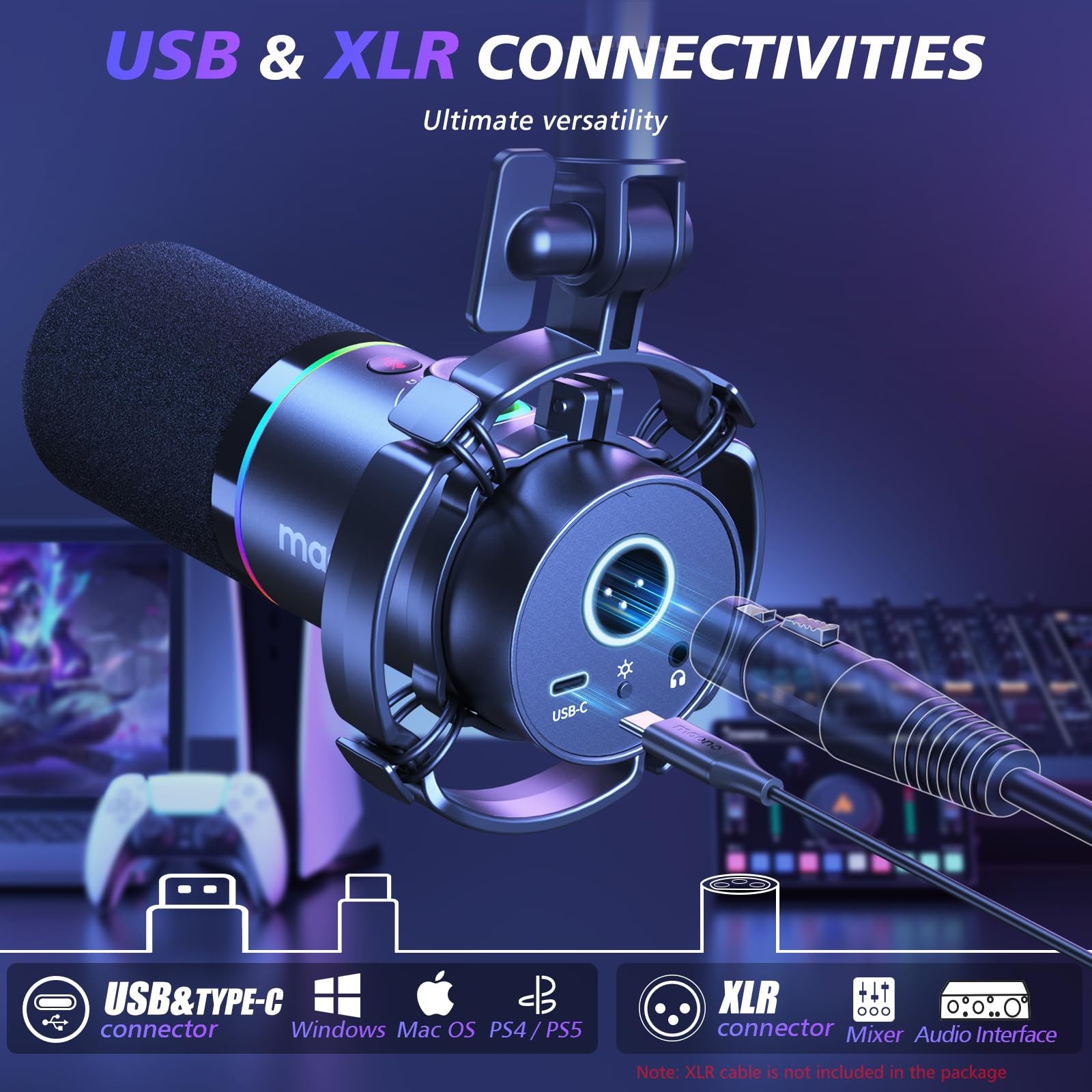 XLR/USB Dynamic Microphone Kit, RGB Podcast Mic with Software, Mute, Gain Kno…