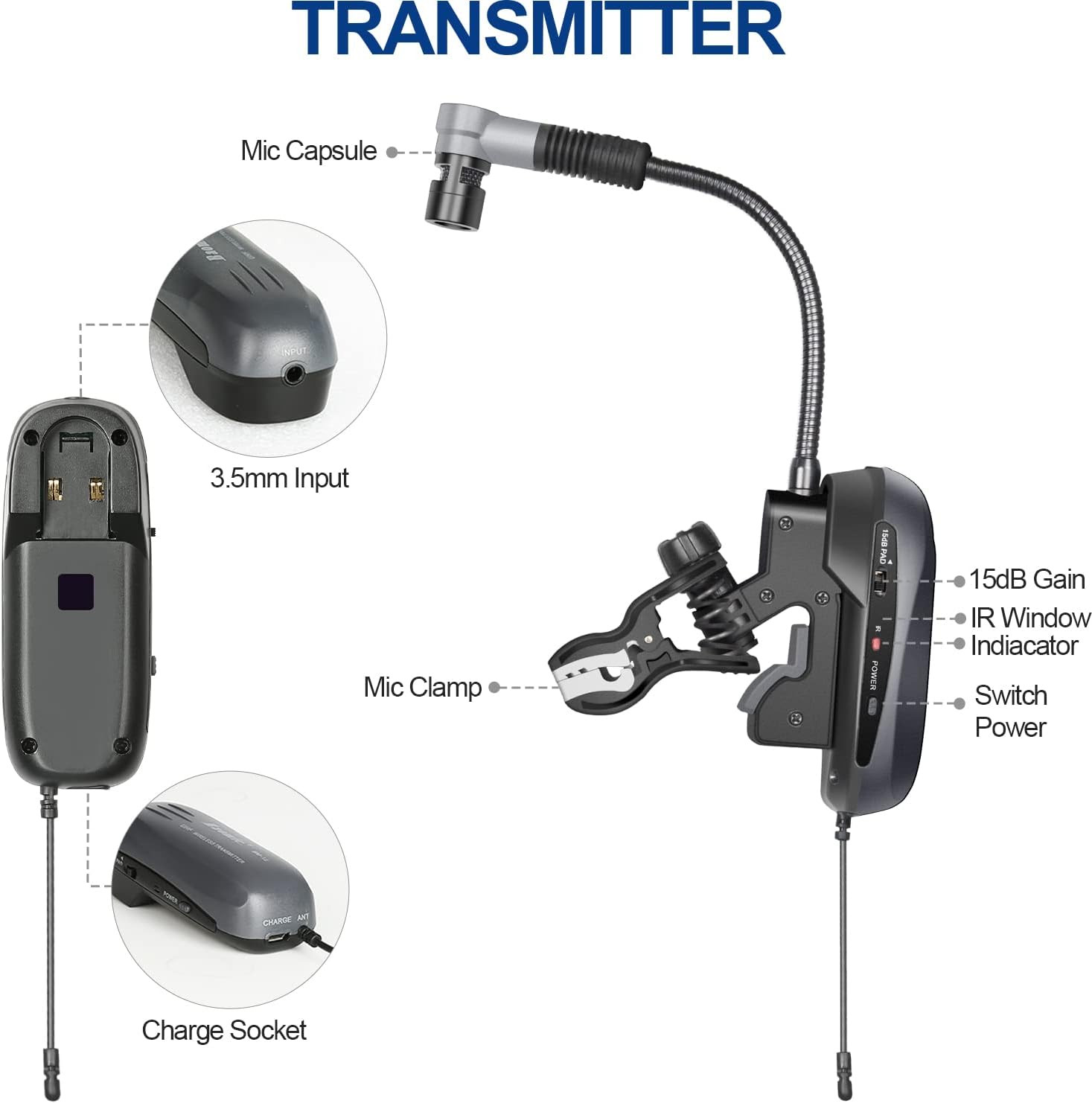 Professional Wireless Saxophone Microphone with Gooseneck & Rechargeable Transmi