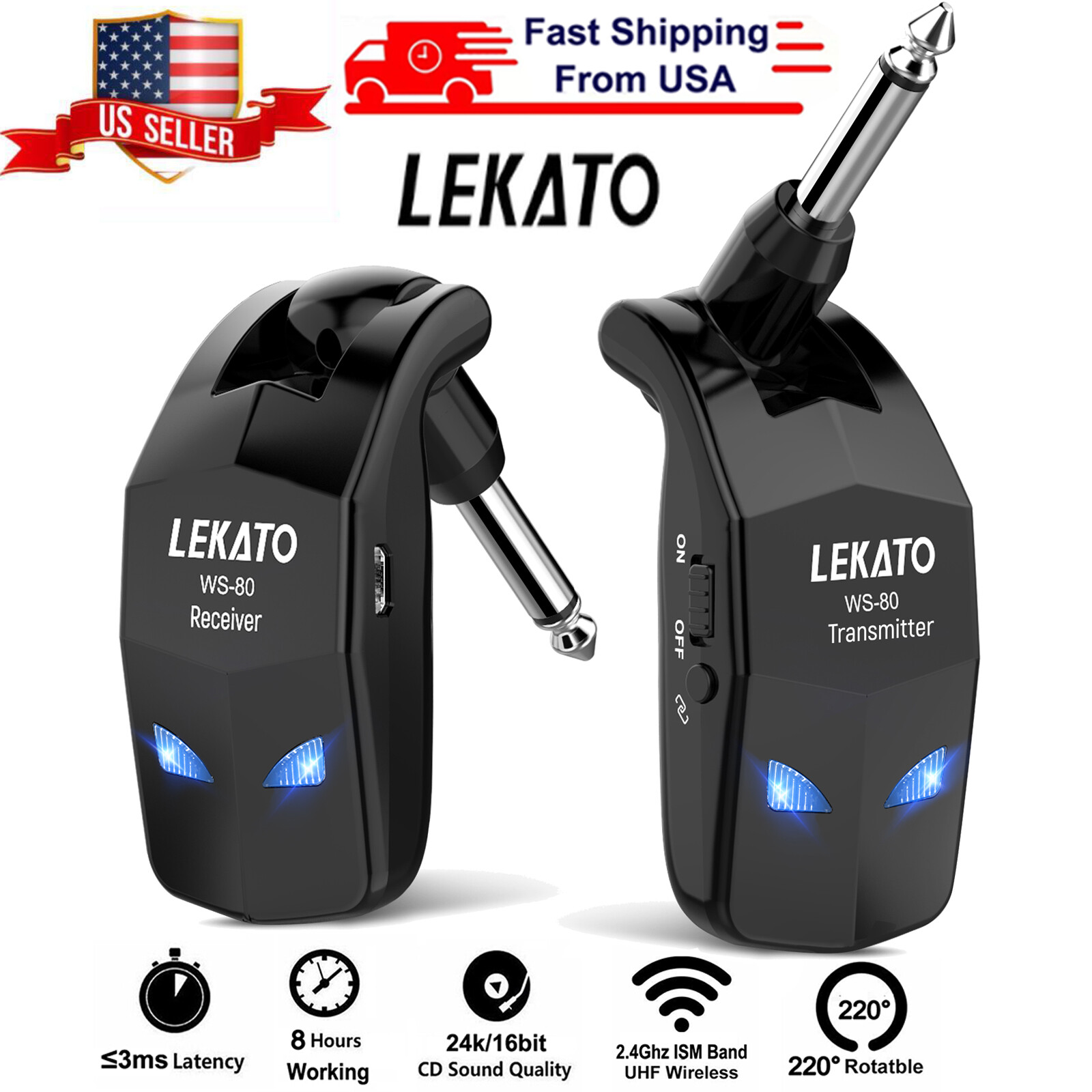 LEKATO Wireless Guitar System Bass Transmitter Receiver 2.4GHz 4 Channels 150FT