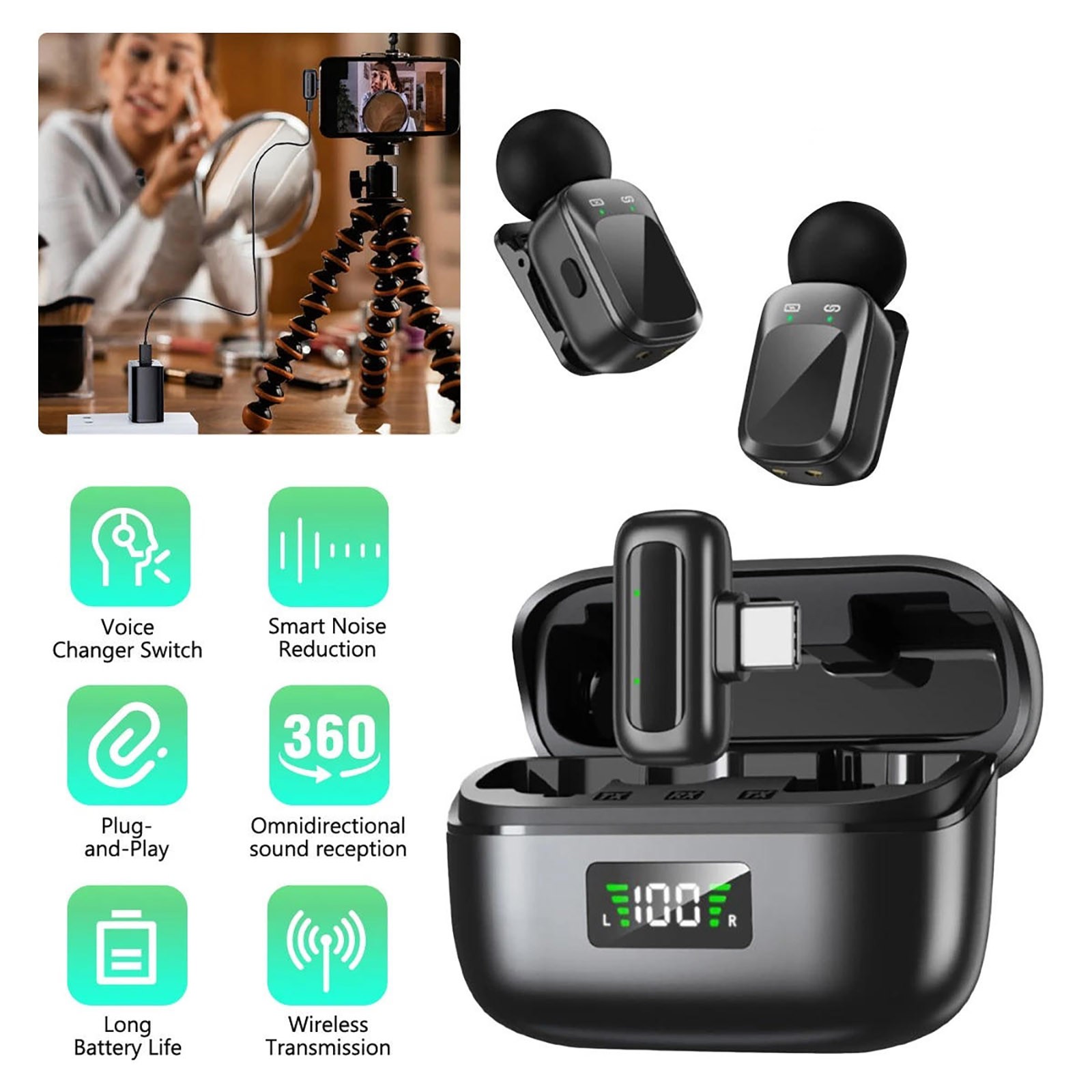 2.4G Wireless Lavalier Microphone for Type-C Phone USB-C Mini Mic 2-Pack System