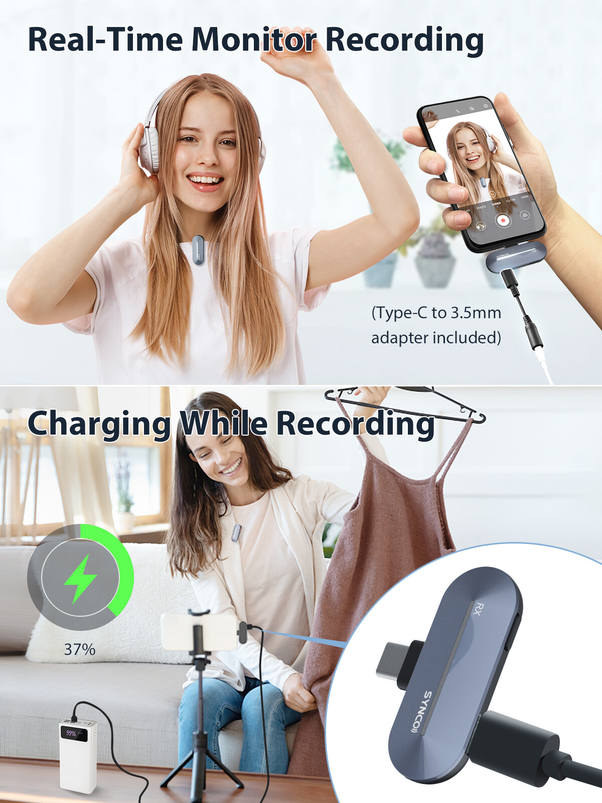 SYNCO P1T 2.4GHz Lavalier Microphone Dual Mic For Type-C Smartphone YouTube Vlog