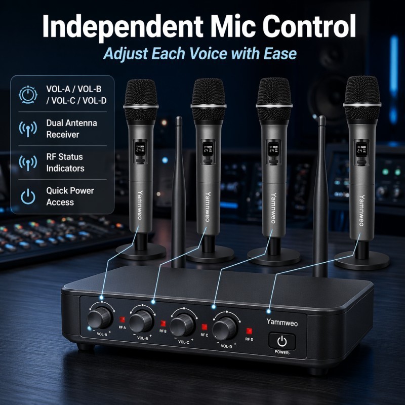 4 Channel UHF Wireless Microphone System, Low Latency, Anti-Howling