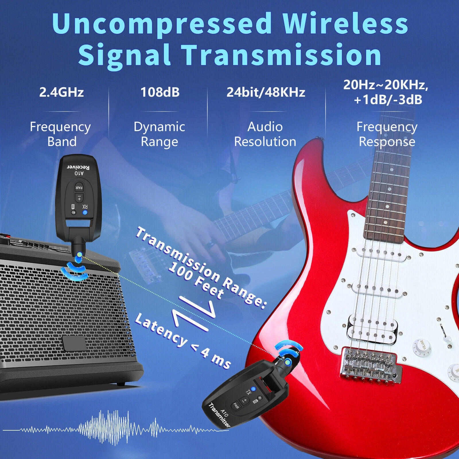 Guitar Wireless Transmitter & Receiver System 100ft 5H Battery 24Bit 48KHz