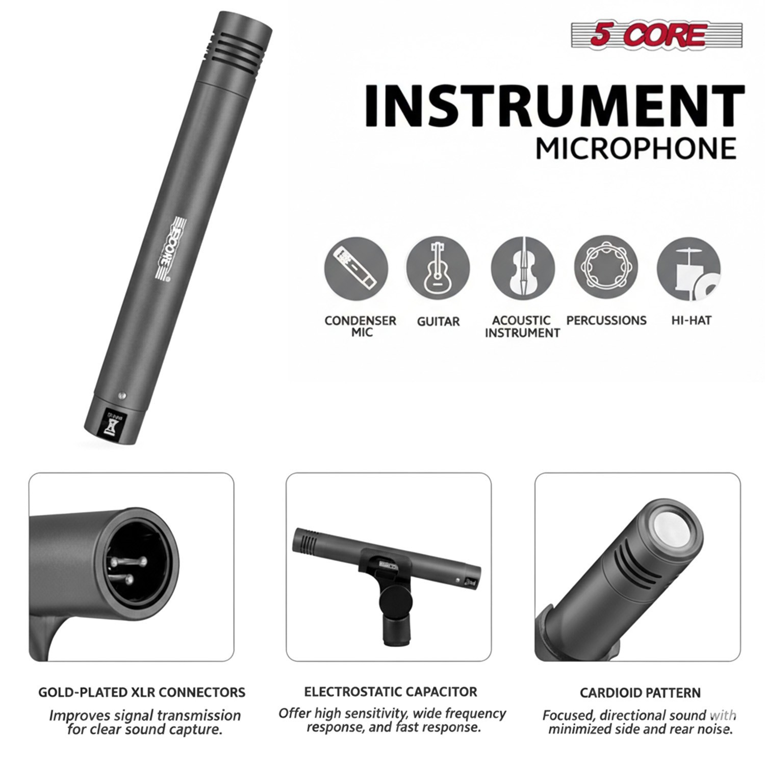 5 Core Conga Mic Snare Tom Microphone Drum Kit Condenser XLR Instrument Mics