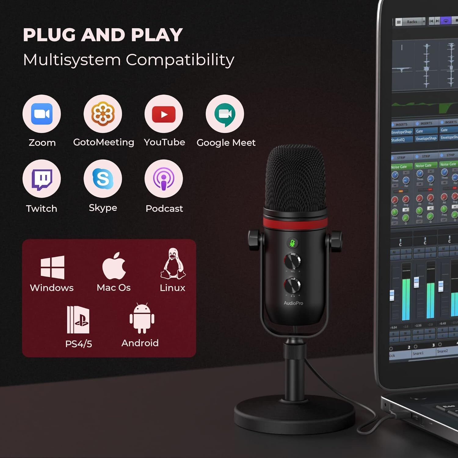 USB Microphone Computer Condenser Gaming Mic PC Laptop PS4 PS5 Headphone Out