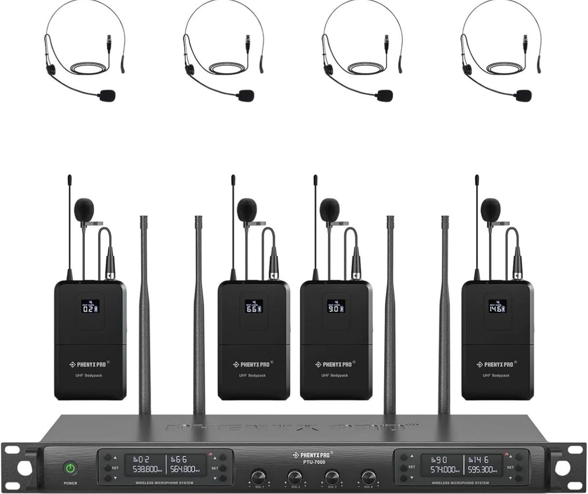 Phenyx Pro PTU-7000 UHF Wireless Mic System 4-Channel Rack Receiver 4 Bodypacks