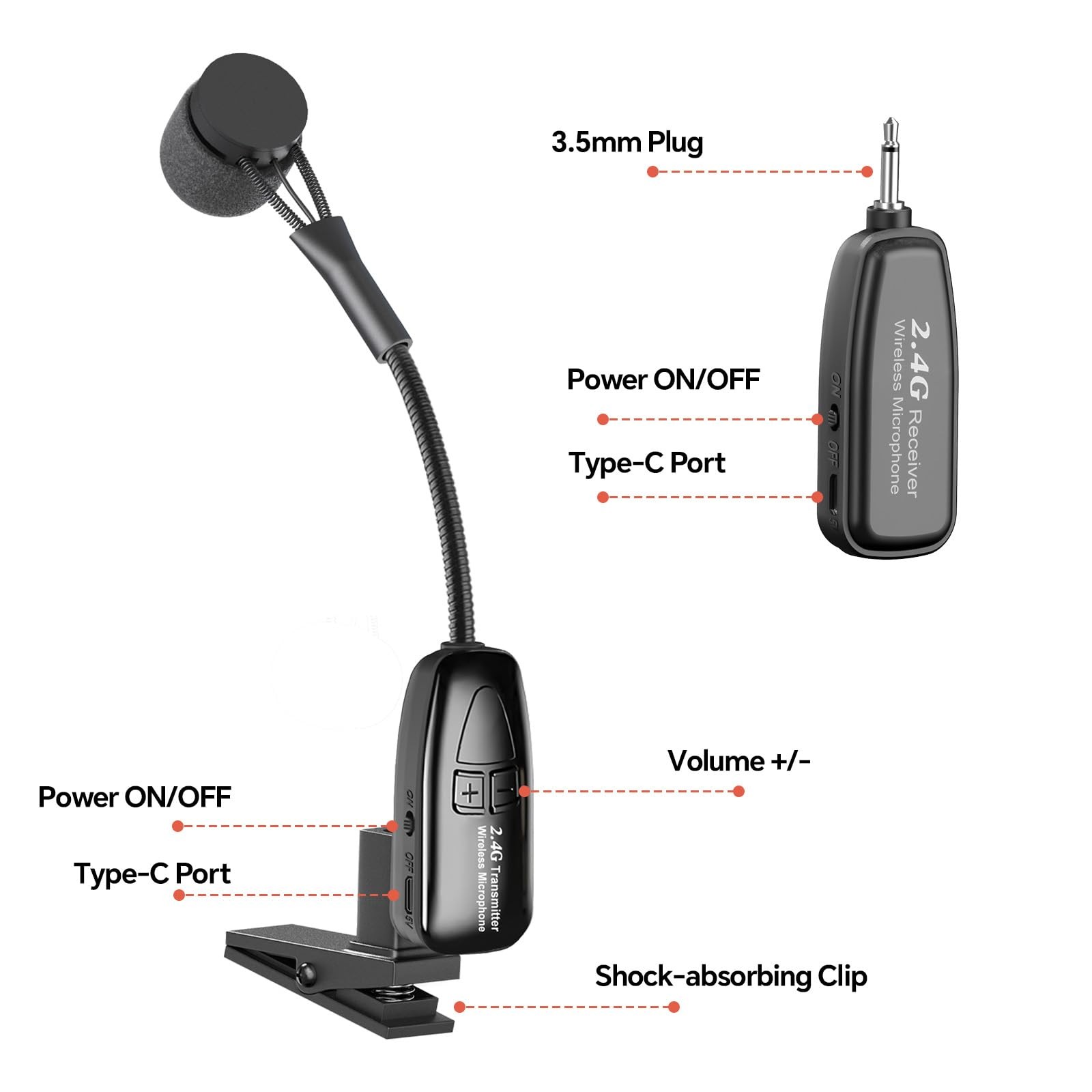 Wireless Saxophone Microphone, 2.4G Clip Instruments Mic, Rechargeable Transm…