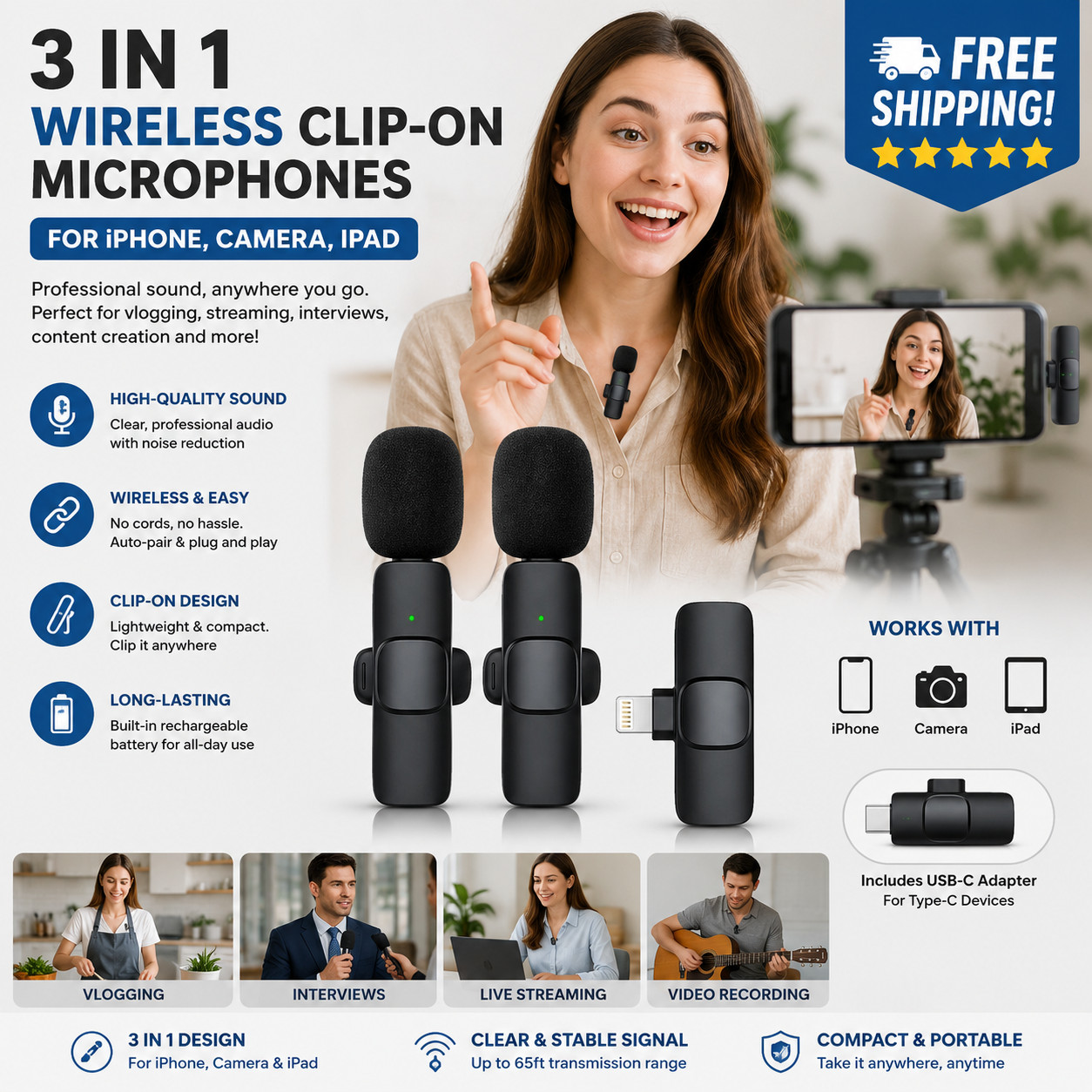 3 in 1 Wireless Clip-on Microphones for iPhone, Camera, Android, iPad