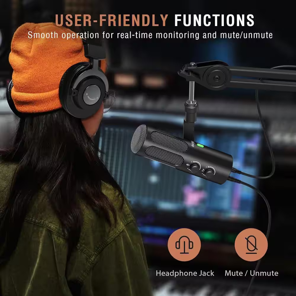 Dynamic Microphone for Podcast Streaming with Mute Button, Headphone Jack and Vo