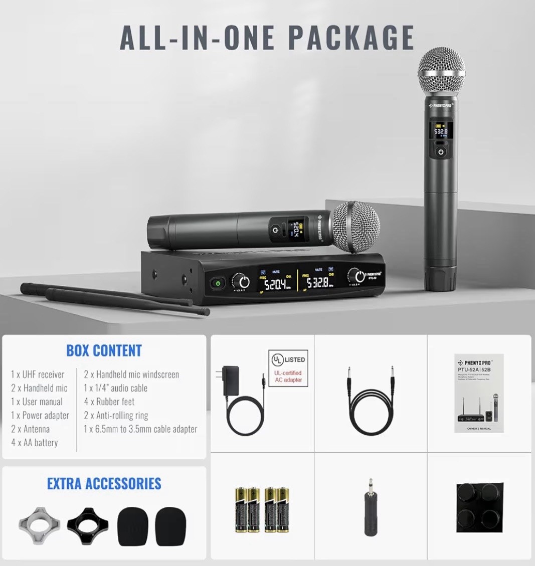 Phenyx Pro PTU-52 Dual UHF Wireless Microphone System, 2 Handheld Mics