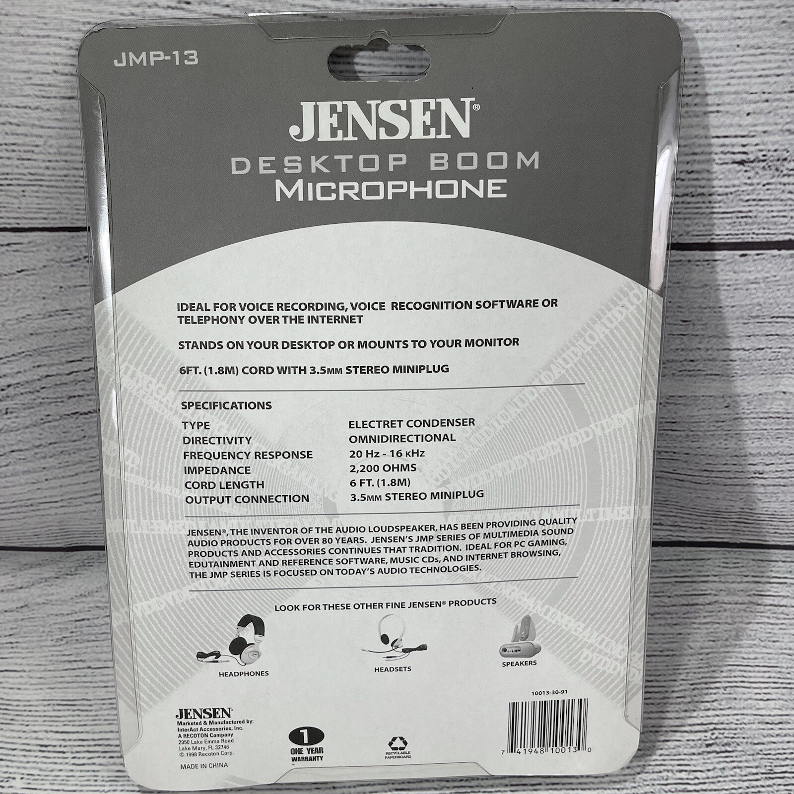 Jensen Desktop Boom Microphone JMP-13 JMP 13 6 ft cord – 3.5mm Stereo Mini plug