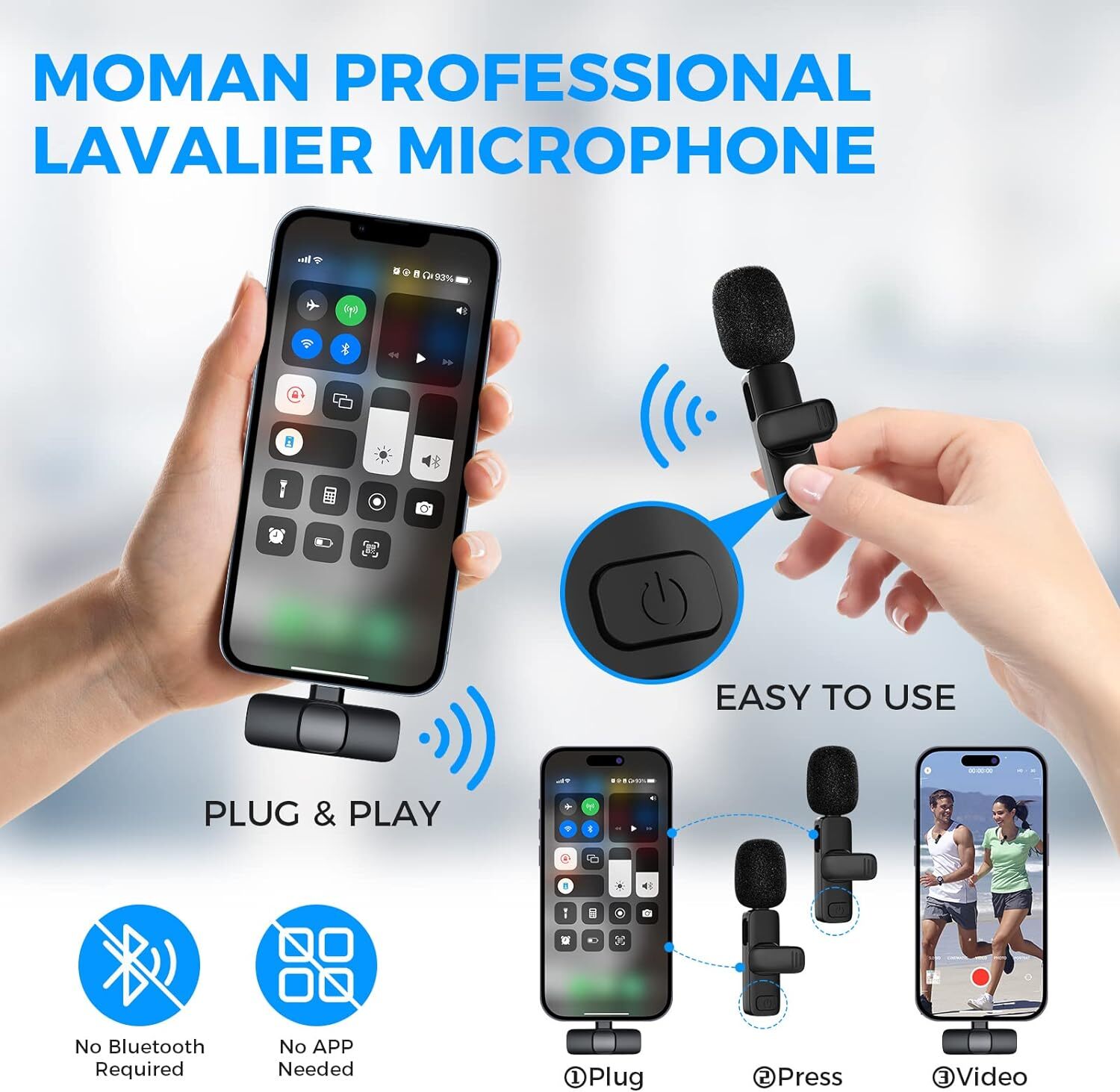 Moman Wireless Lavalier Microphone Clip on for Video Recording for Lightning