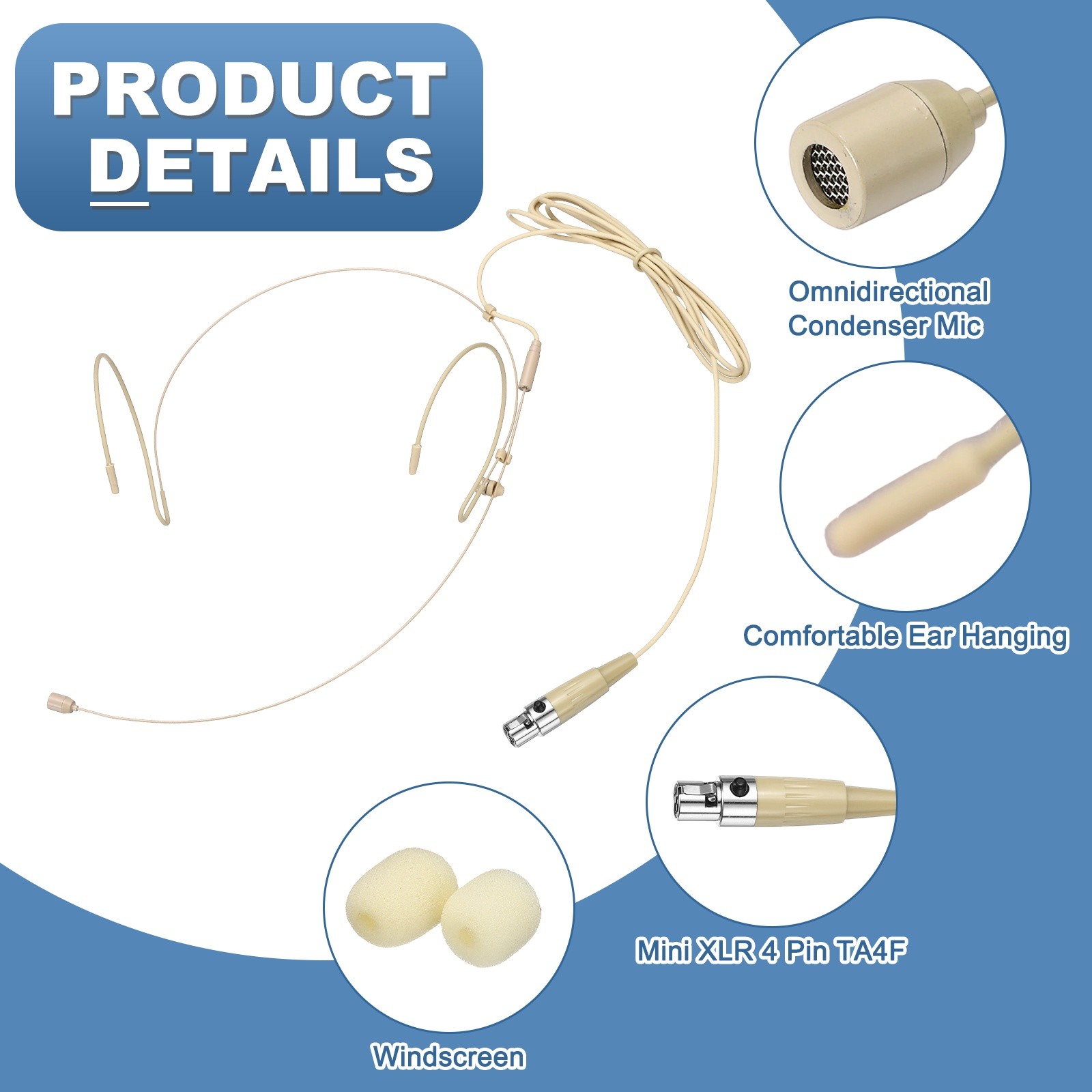 Ear Hook Microphone, Double Ear Headset with Mini XLR 4 Pin TA4F Plug, Beige