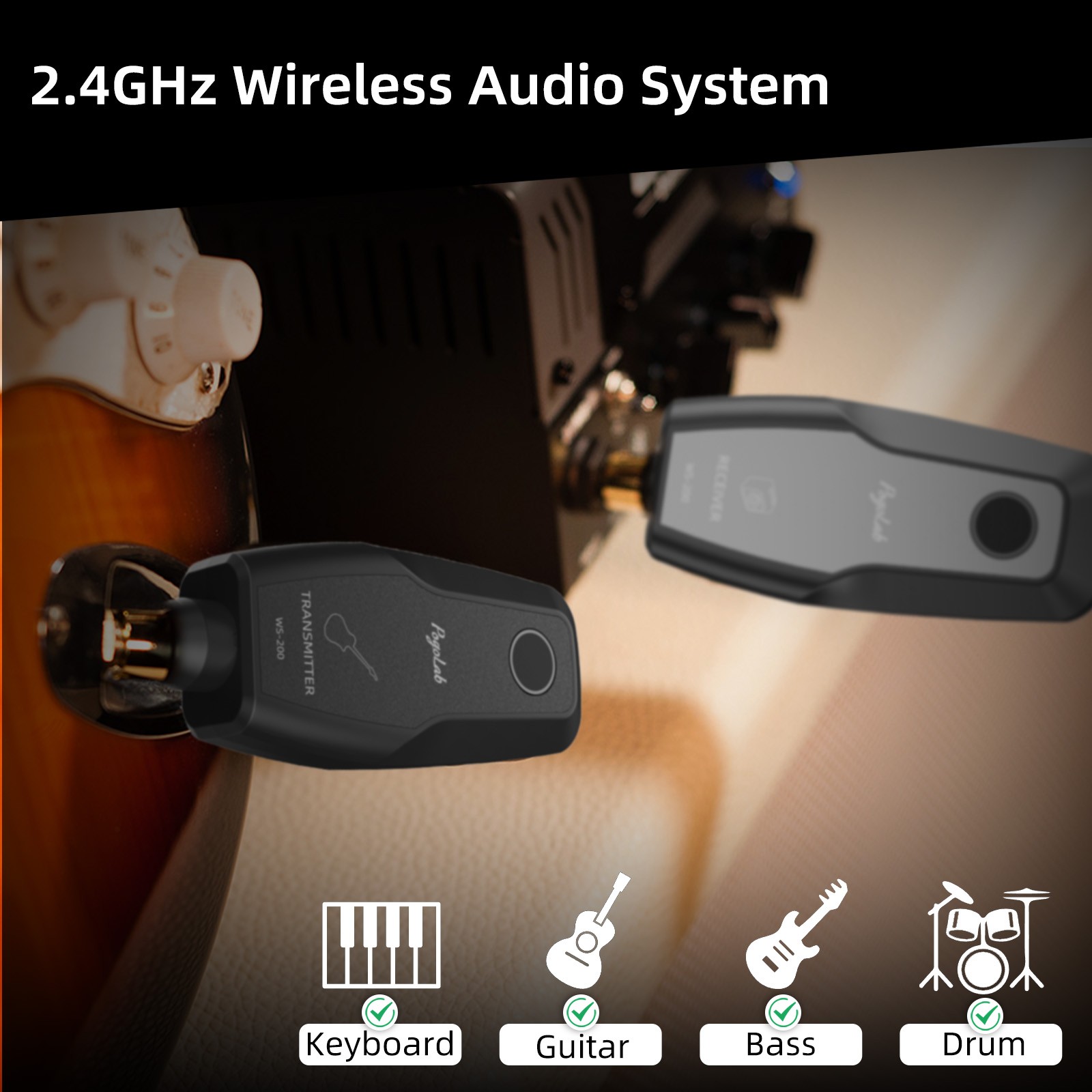 2.4G Wireless Guitar System Transmitter Receiver 48KHz 24-Bit Rechargeable 30M