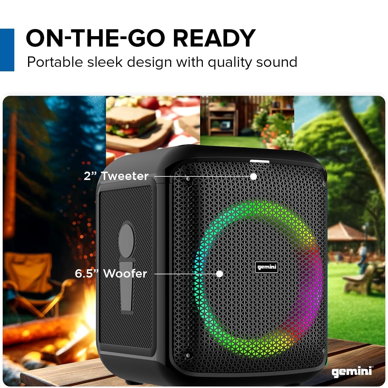Gemini Box-Style Party Speaker, LED Lights, Wireless Mic (GGO-650L) black