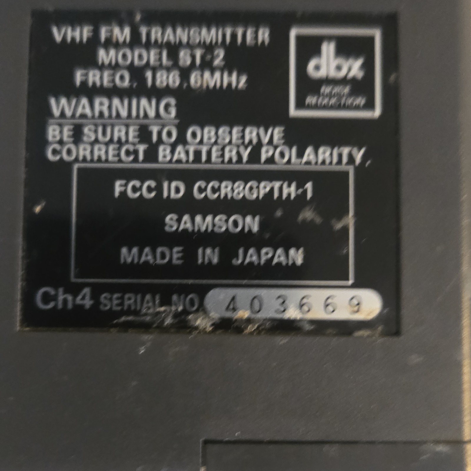 Samson SR-2 Stage Series II VHF FM Microphone Receiver Gray On/Off Switch