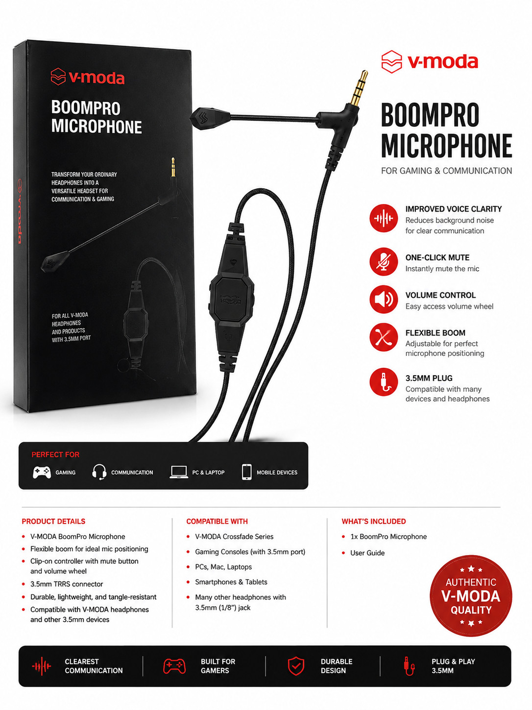 V-MODA BoomPro Gaming Microphone 3.5mm Boom Mic w/ Mute & Volume New