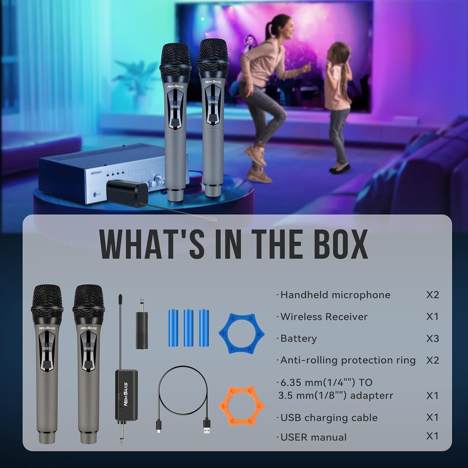 Dual Wireless Microphone System with Rechargeable Receiver for Karaoke & Events