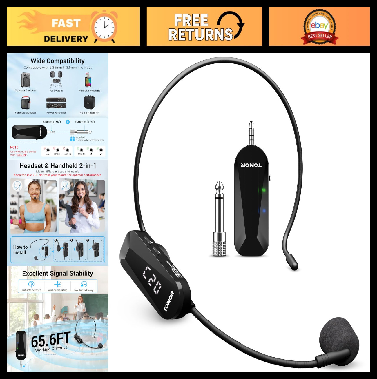 Wireless Headset Microphone System – UHF 2-in-1 Handheld & Ear Mic, 20 Channels,