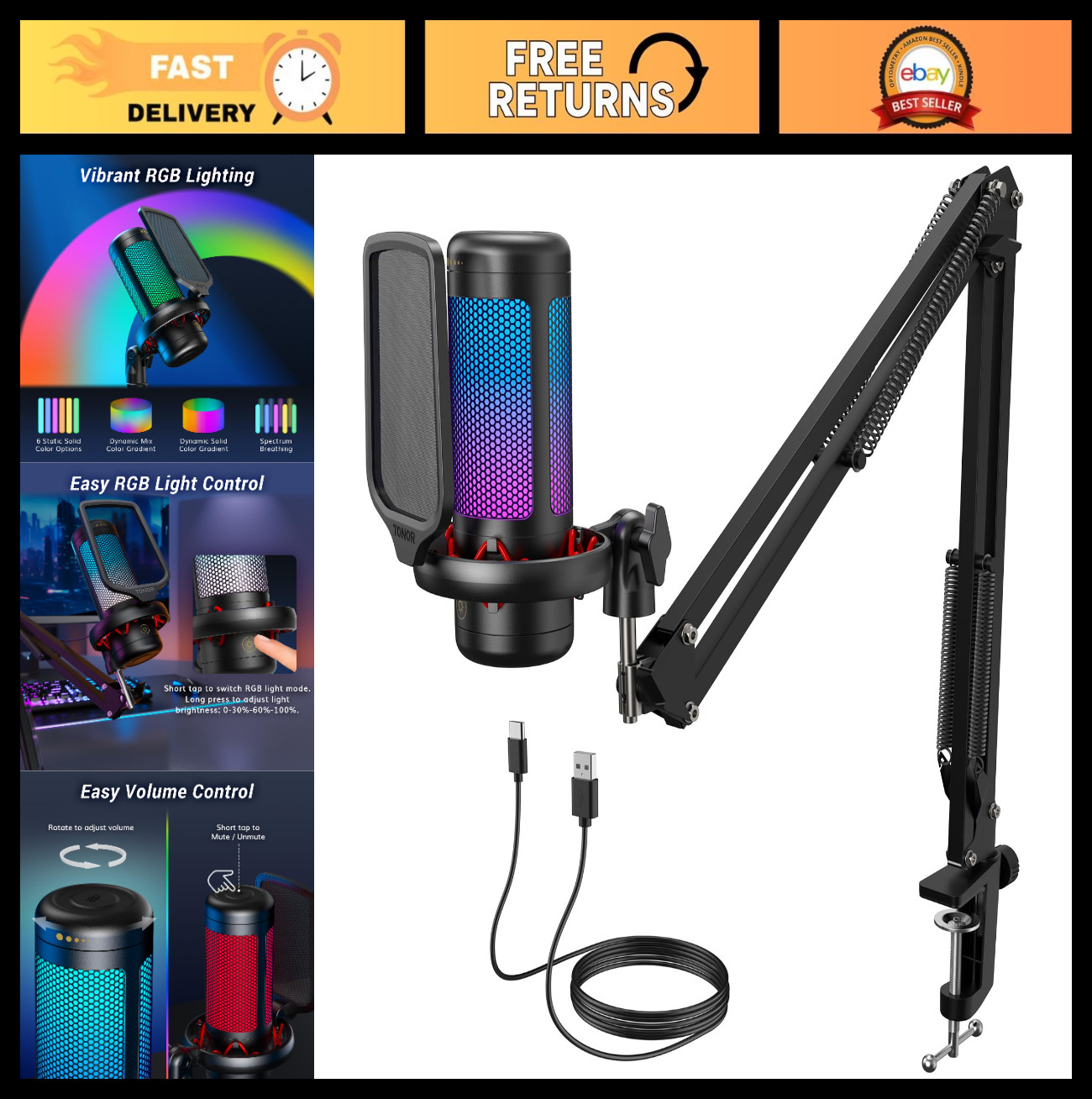 Gaming Microphone Set with Boom Arm & RGB, USB Condenser Mic for Streaming, Twit