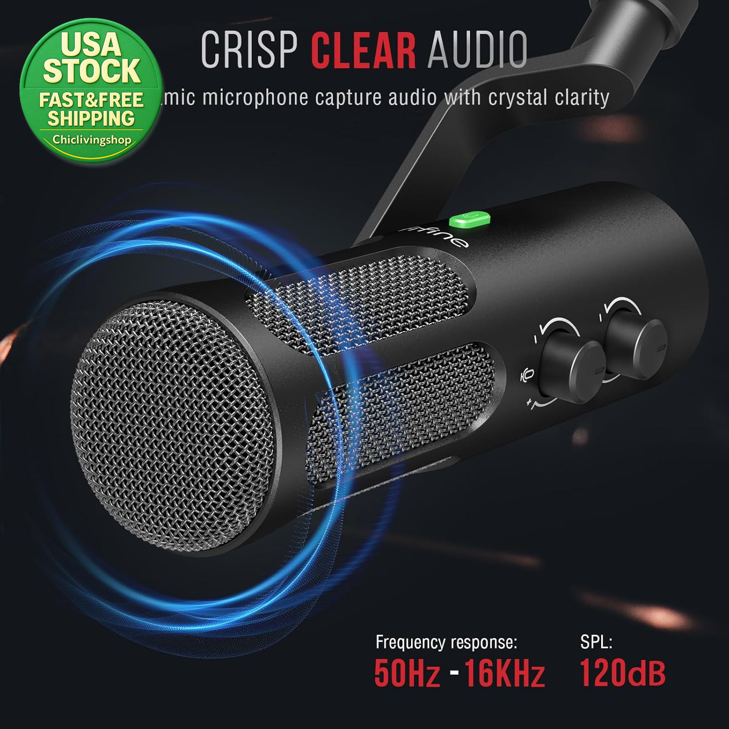 XLR USB Dynamic Podcast Microphone with Mute Button and Headphone Jack
