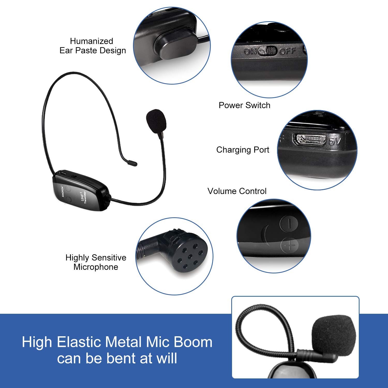 Xiaokoa Uhf Wireless Headset Microphone Cordless Head Mic System Usb-C Charging