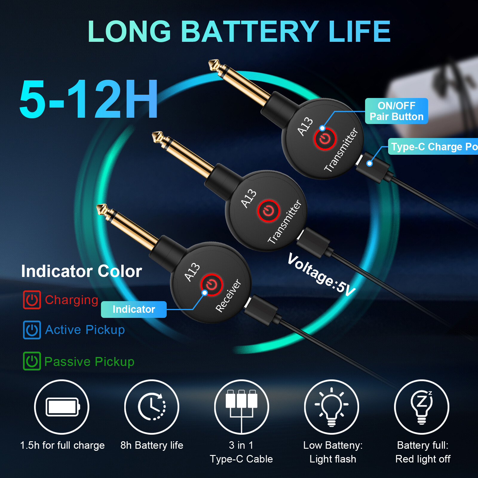2.4GHz Wireless Guitar Bass System Dual Transmitter Receiver Rechargeable 100ft