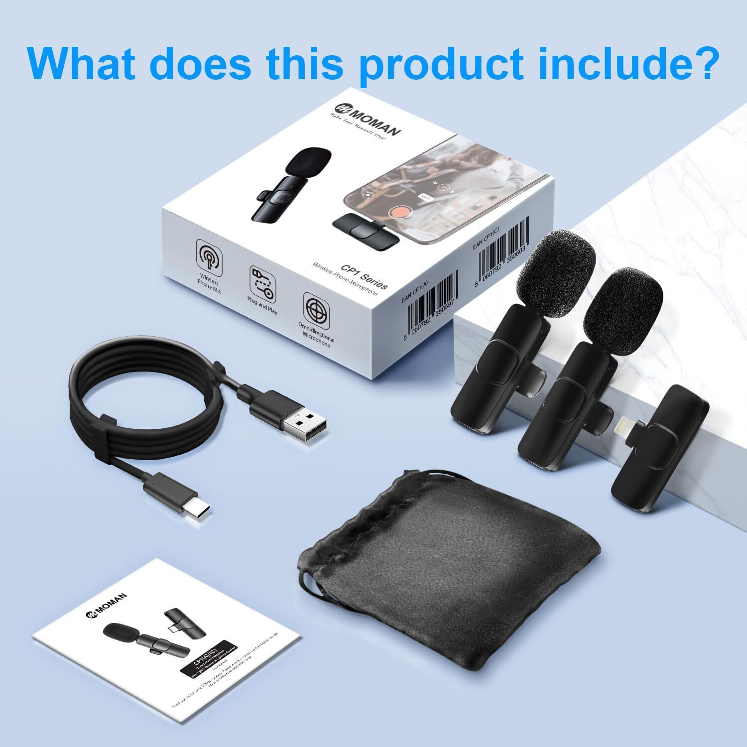 Moman Wireless Lavalier Microphone Clip on for Video Recording for Lightning