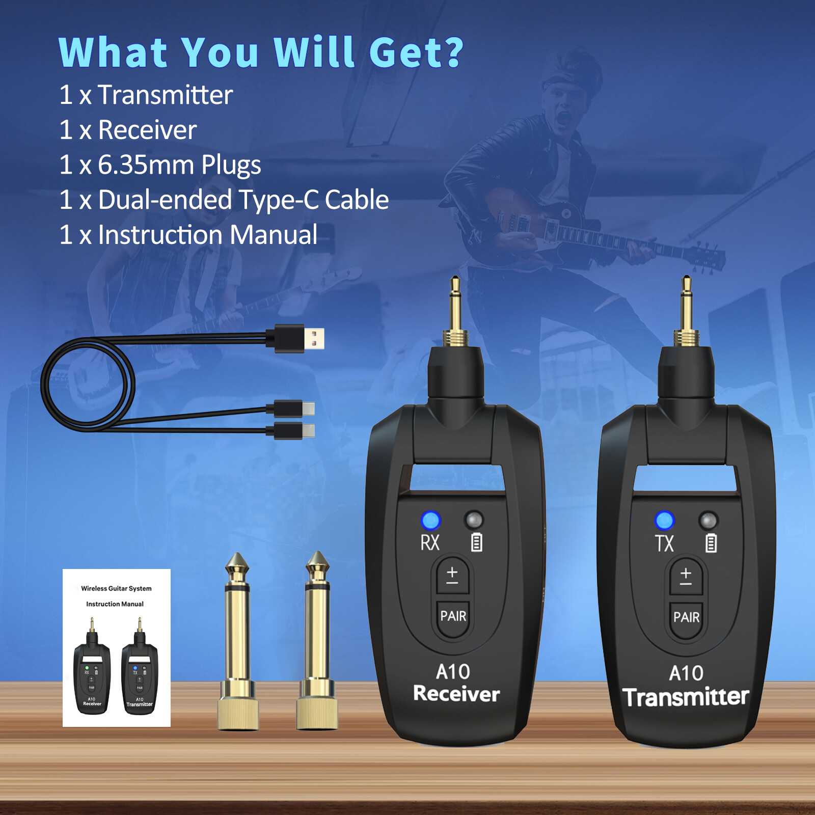 2.4GHz Digital Wireless Guitar Transmitter Receiver fit Bass – Gold Plated Plug
