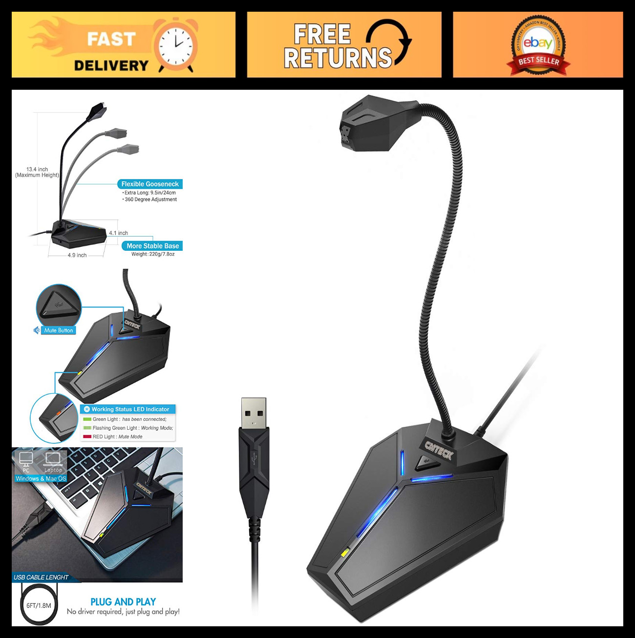 Omnidirectional USB Microphone for PC & Laptop, Mute Button, LED Indicator, Idea