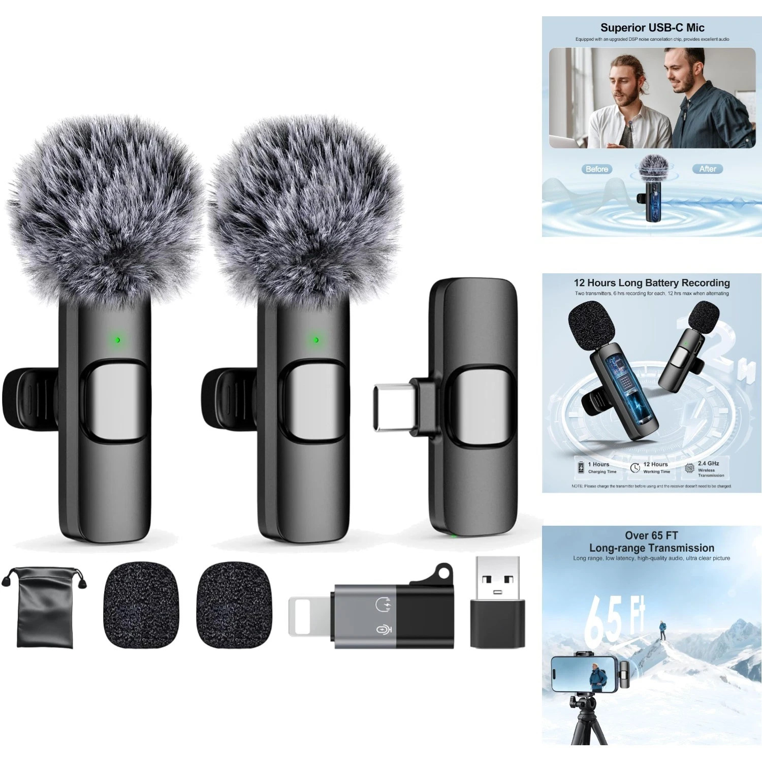 Mini Wireless Lavalier Microphone for Video Recording Noise Reduction USB C Mic